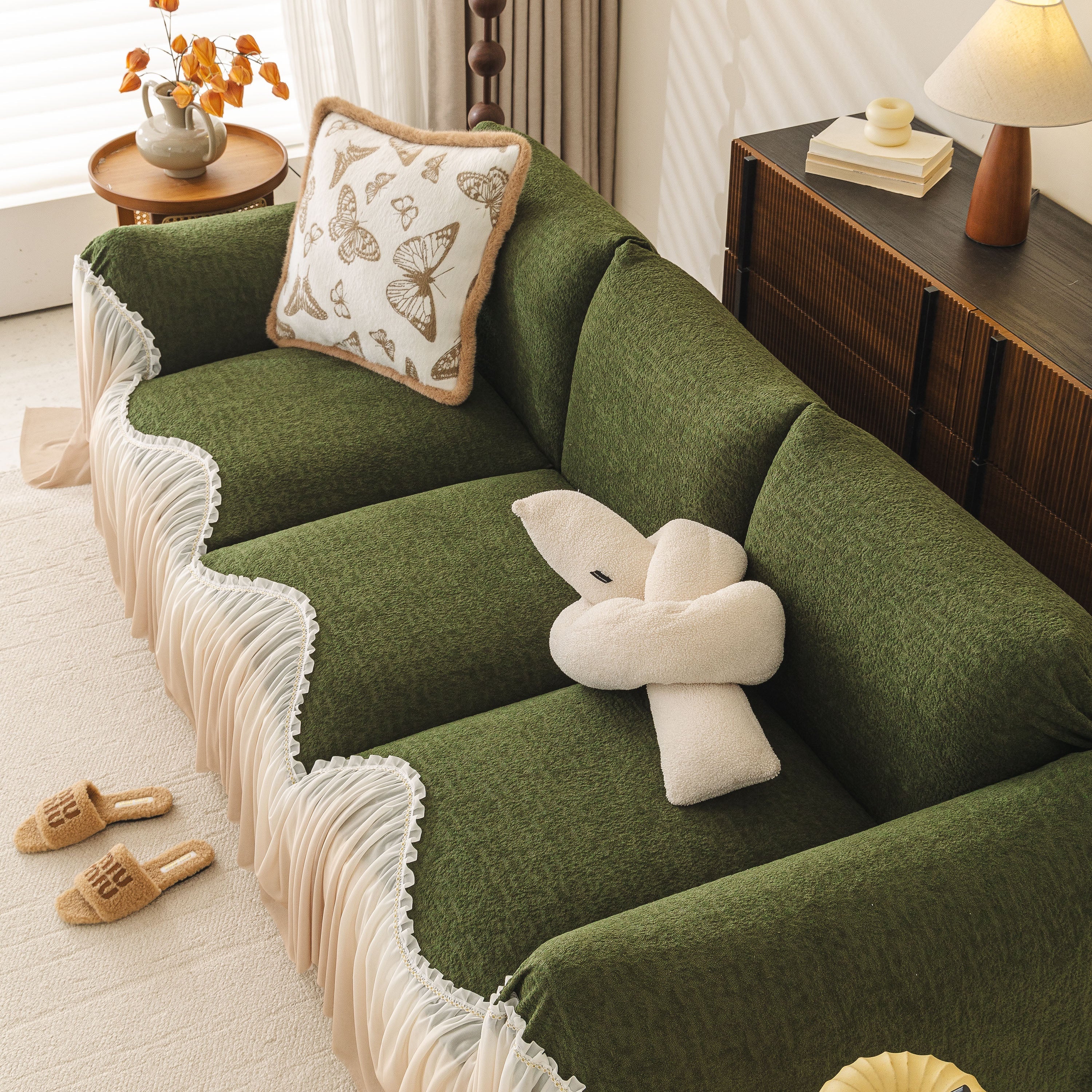 Luxury Sofa Throw Cover with Elegant Ruffled Skirt, Soft Decorative Couch Protector