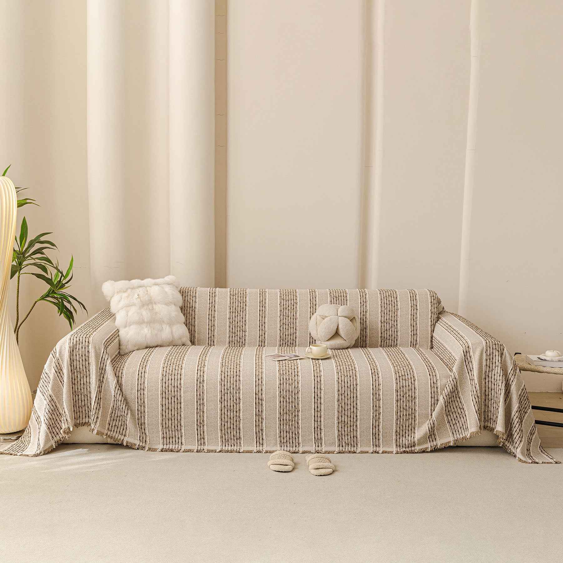 Textured Striped Sofa Throw Cover, Soft Woven Couch Protector with Fringe Edges