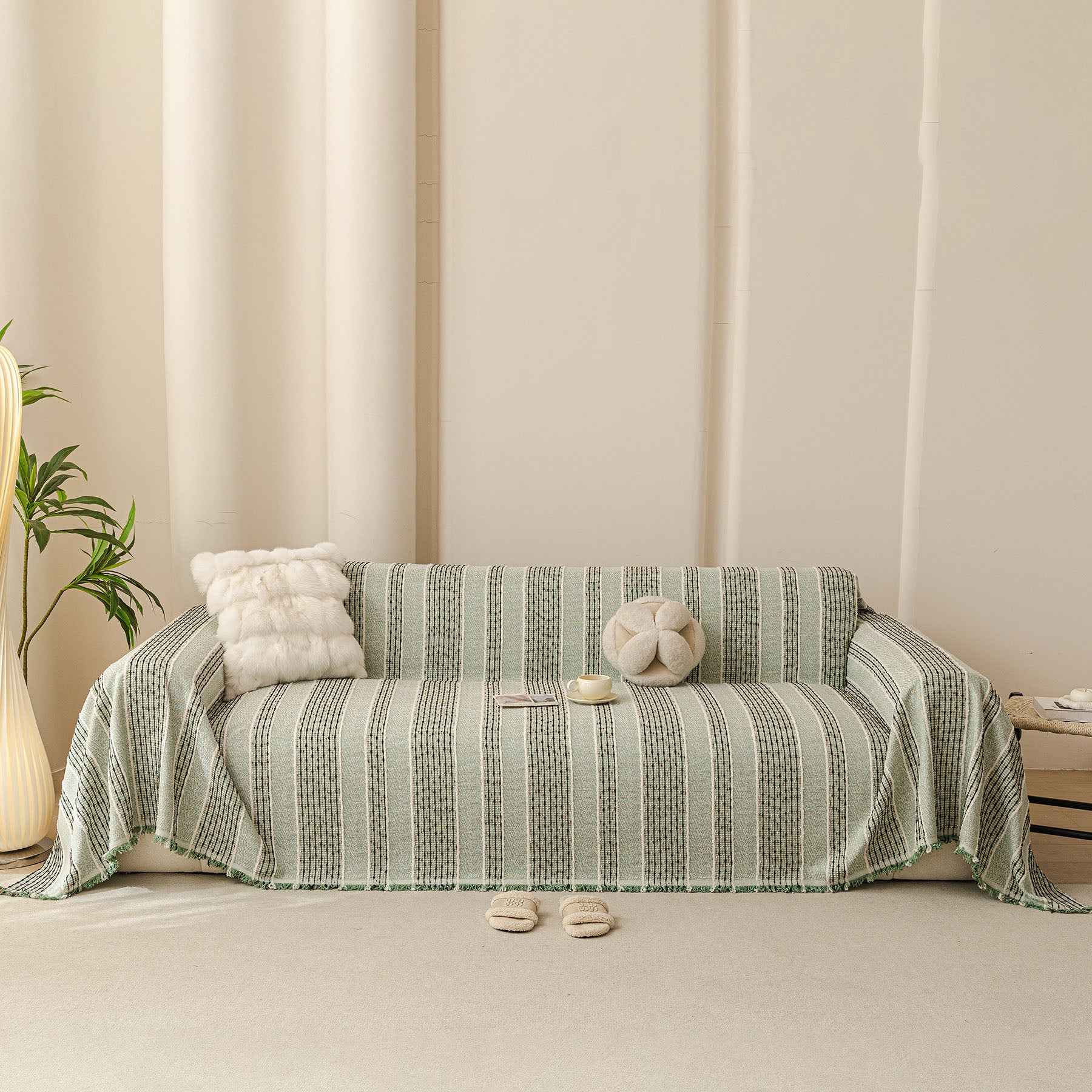 Textured Striped Sofa Throw Cover, Soft Woven Couch Protector with Fringe Edges