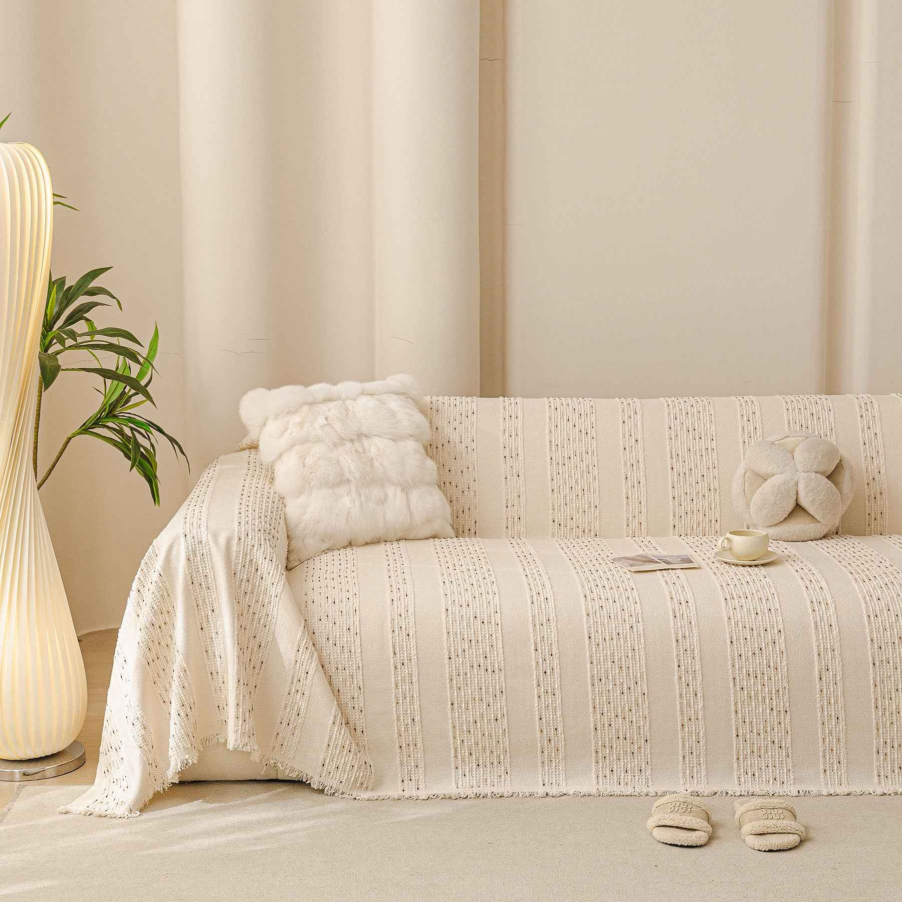 Textured Striped Sofa Throw Cover, Soft Woven Couch Protector with Fringe Edges