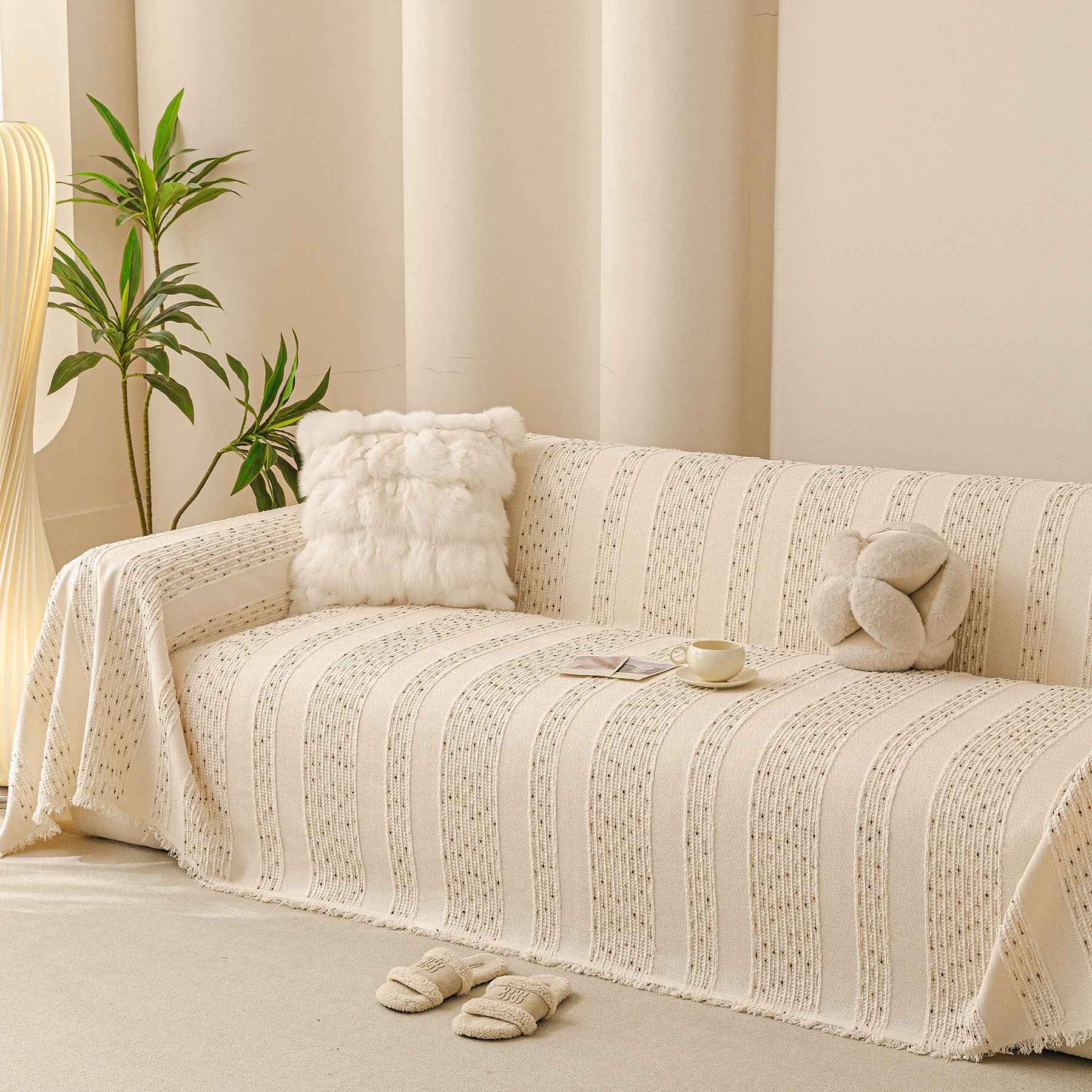 Textured Striped Sofa Throw Cover, Soft Woven Couch Protector with Fringe Edges