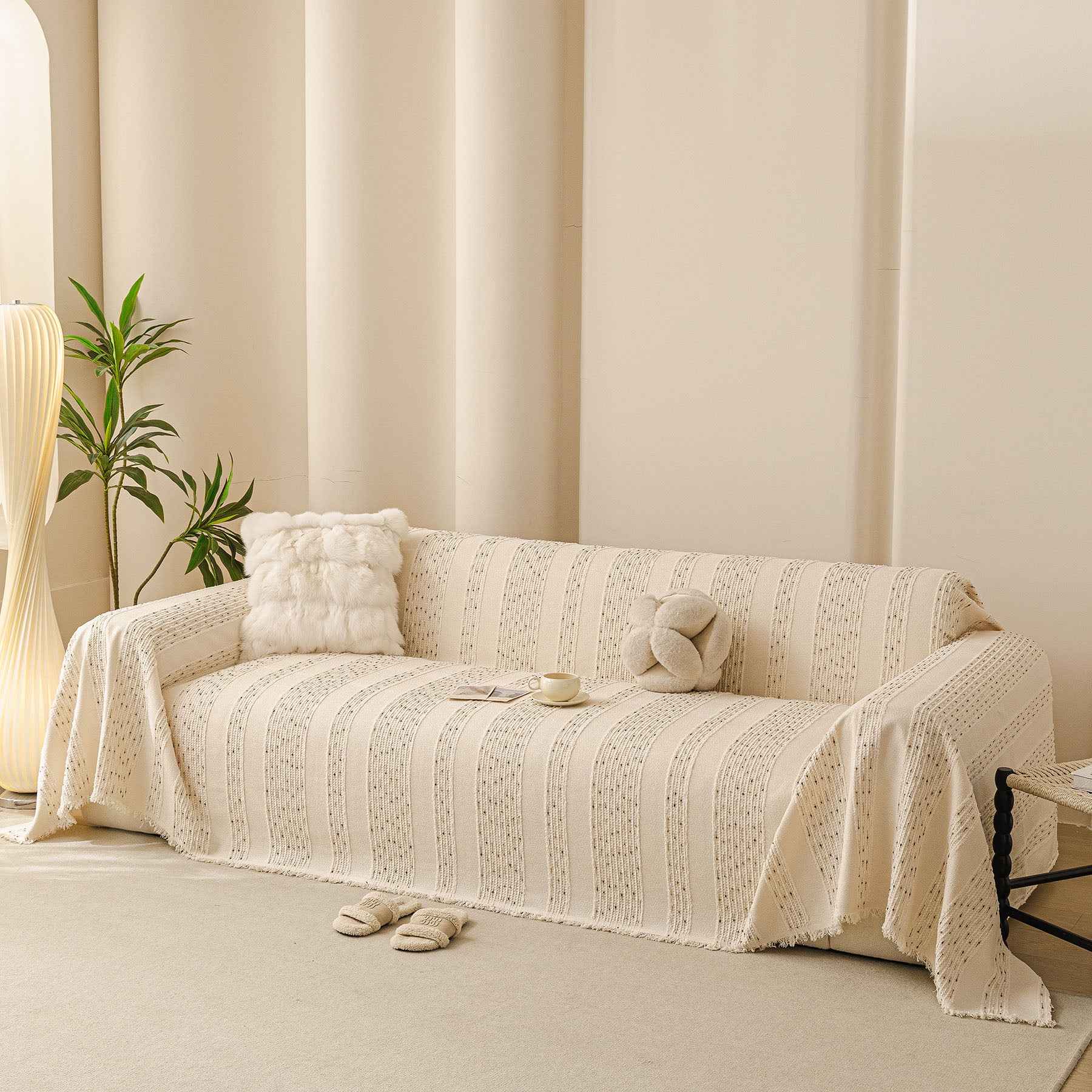 Textured Striped Sofa Throw Cover, Soft Woven Couch Protector with Fringe Edges