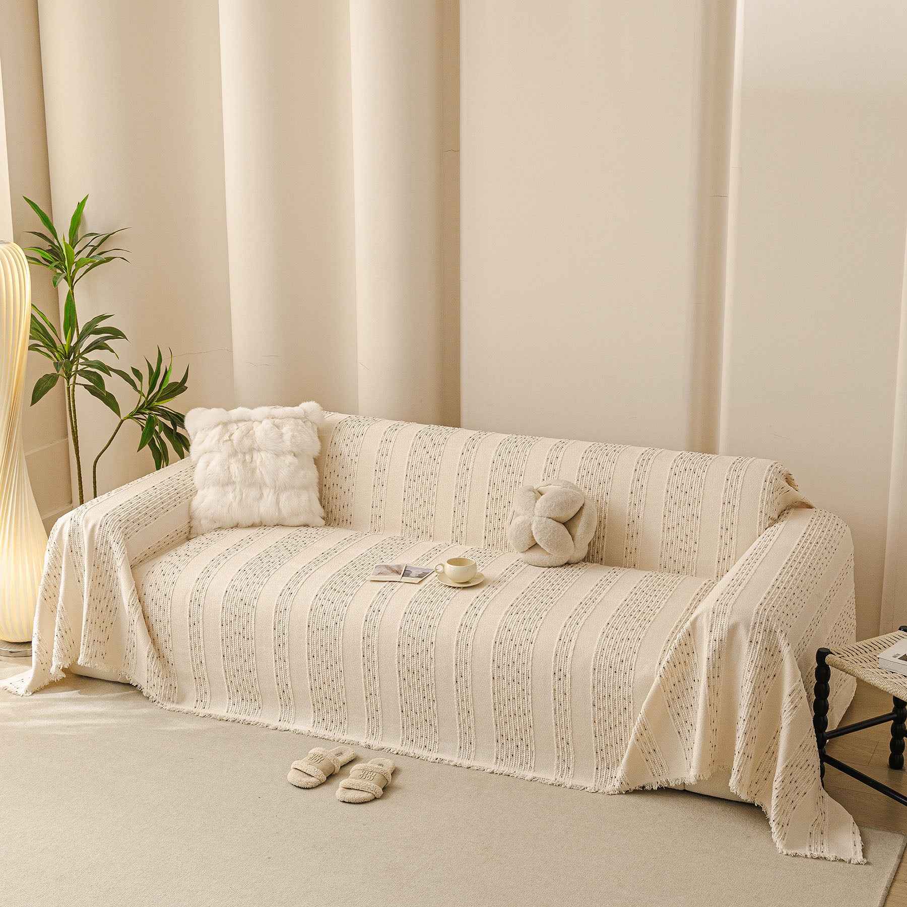Textured Striped Sofa Throw Cover, Soft Woven Couch Protector with Fringe Edges
