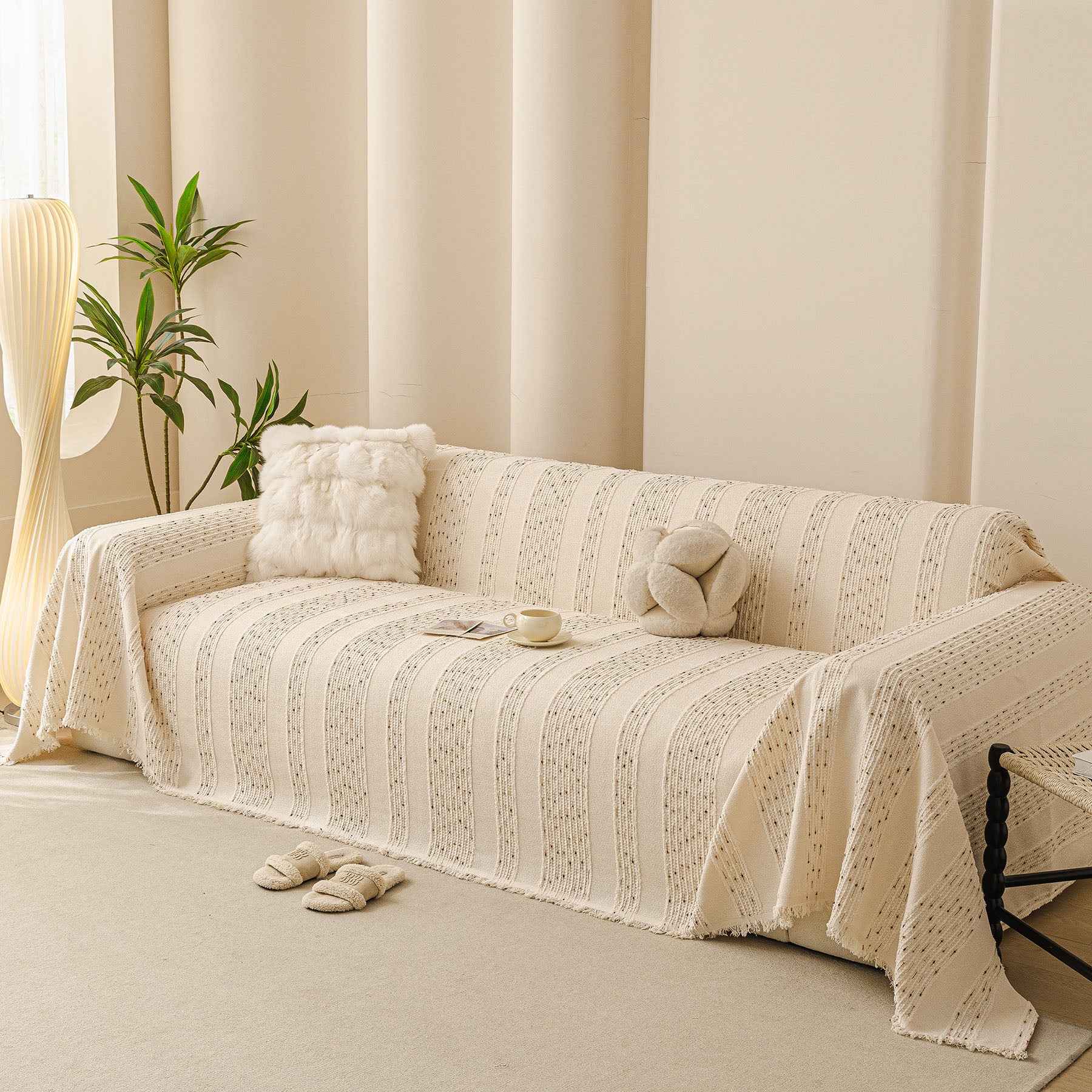 Textured Striped Sofa Throw Cover, Soft Woven Couch Protector with Fringe Edges
