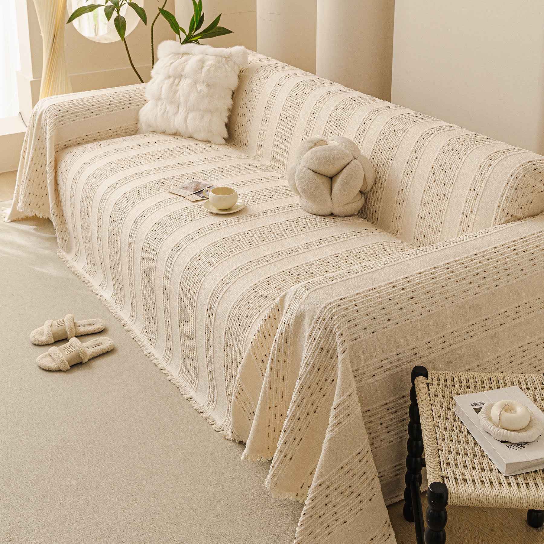 Textured Striped Sofa Throw Cover, Soft Woven Couch Protector with Fringe Edges