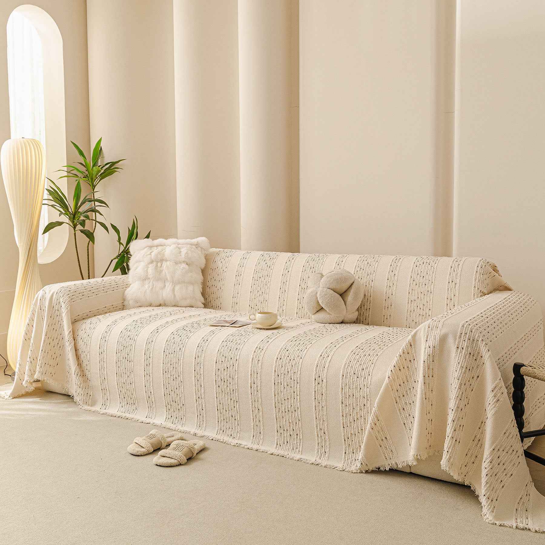 Textured Striped Sofa Throw Cover, Soft Woven Couch Protector with Fringe Edges
