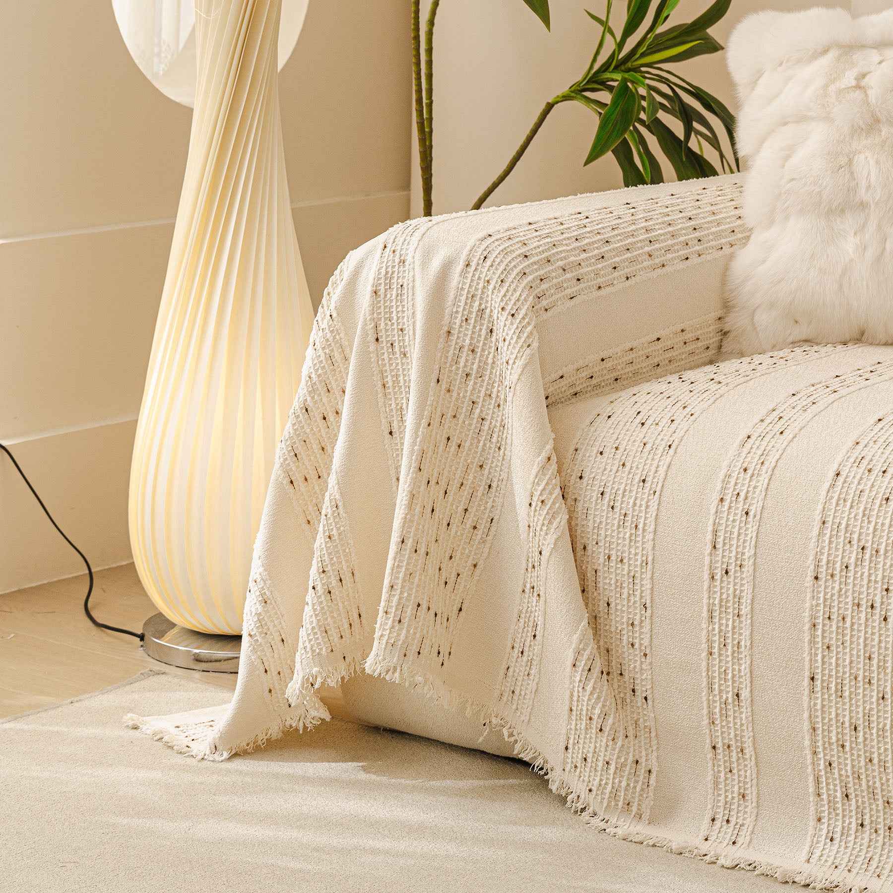 Textured Striped Sofa Throw Cover, Soft Woven Couch Protector with Fringe Edges