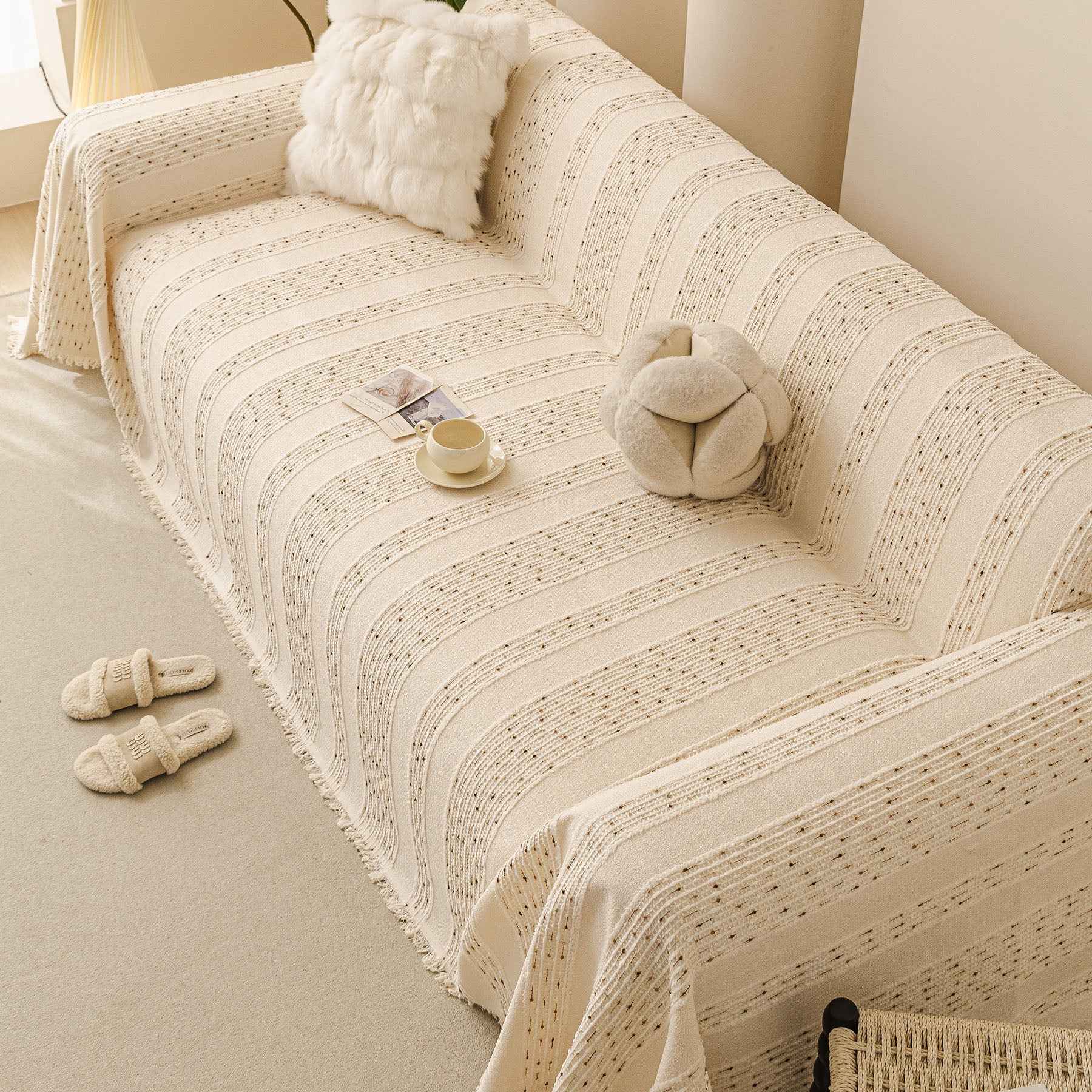 Textured Striped Sofa Throw Cover, Soft Woven Couch Protector with Fringe Edges