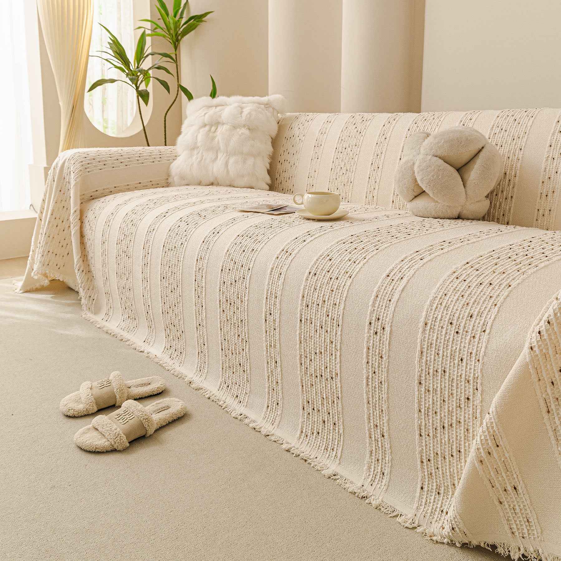 Textured Striped Sofa Throw Cover, Soft Woven Couch Protector with Fringe Edges