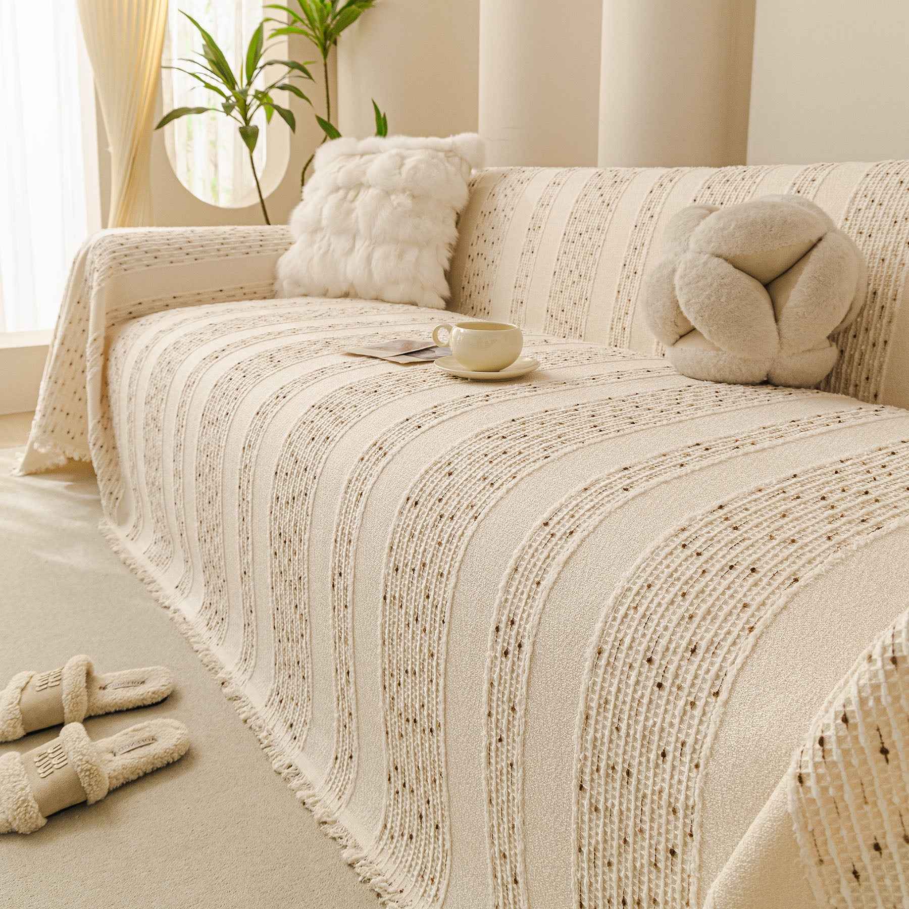 Textured Striped Sofa Throw Cover, Soft Woven Couch Protector with Fringe Edges