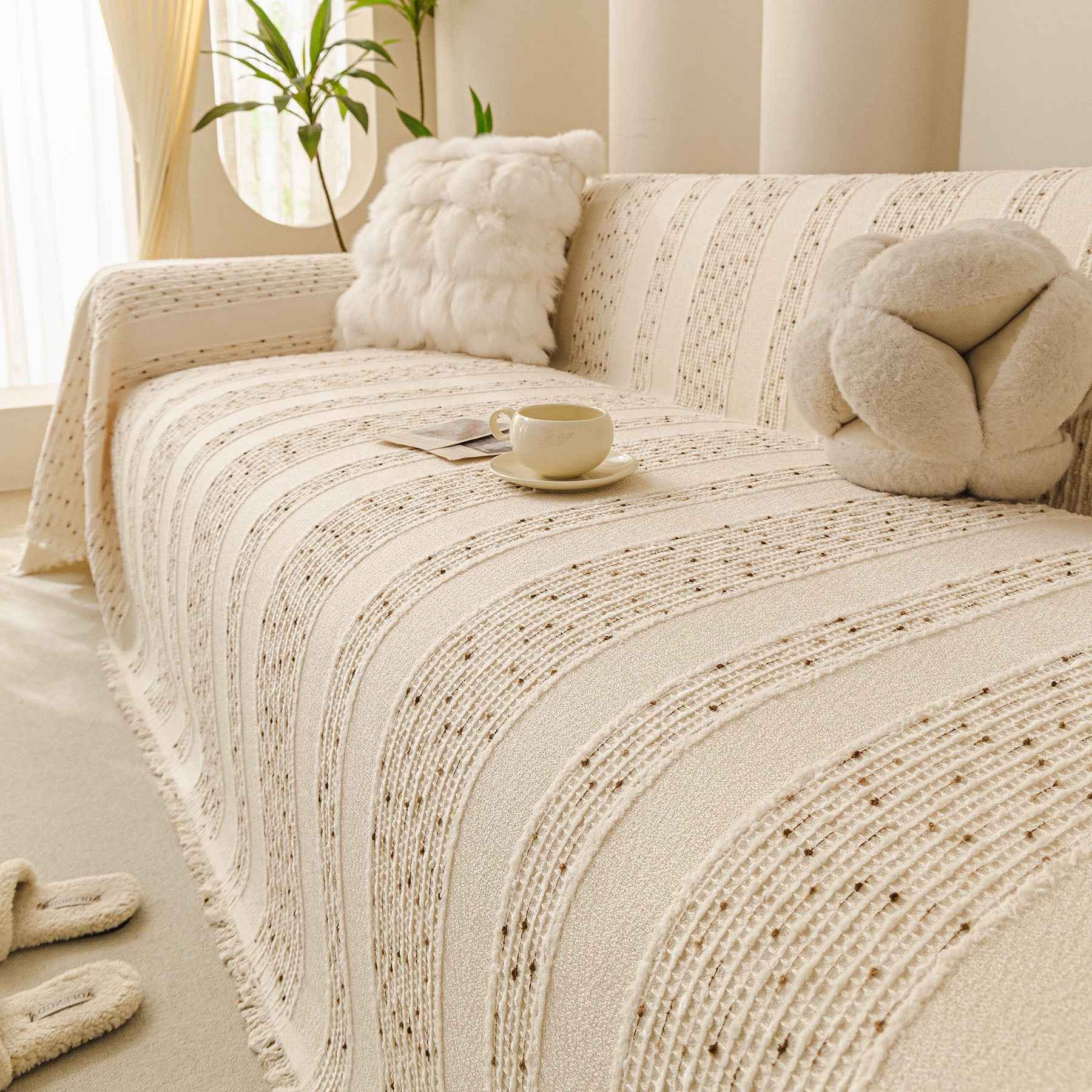 Textured Striped Sofa Throw Cover, Soft Woven Couch Protector with Fringe Edges