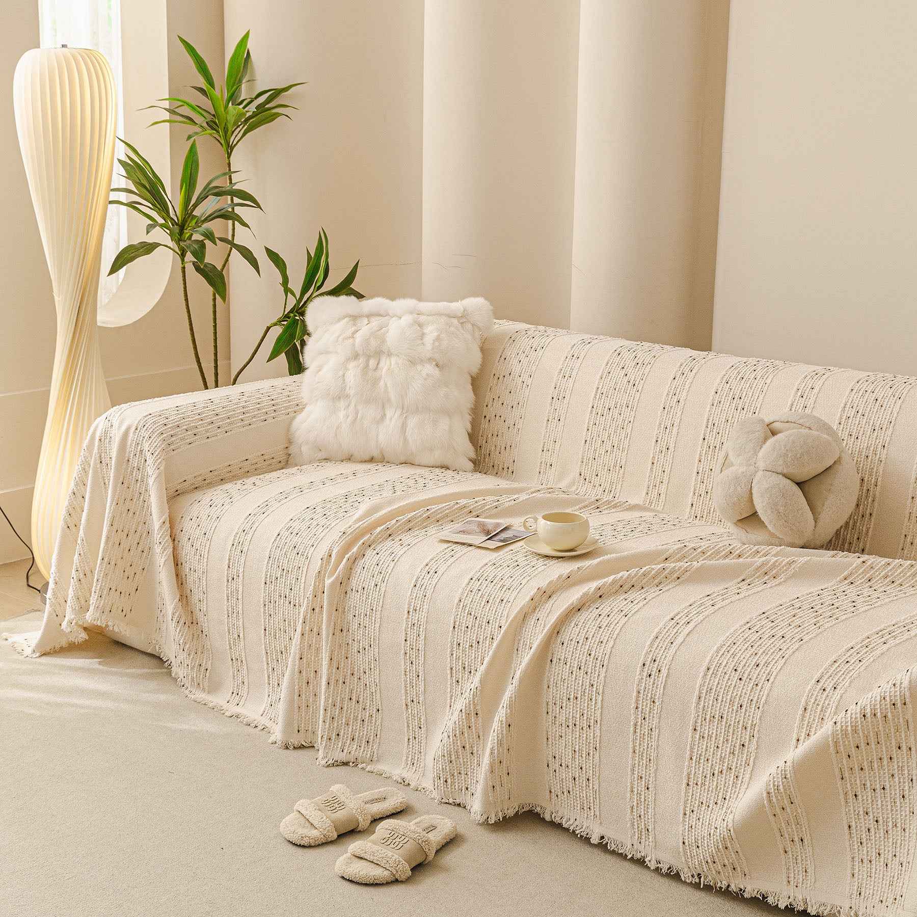 Textured Striped Sofa Throw Cover, Soft Woven Couch Protector with Fringe Edges