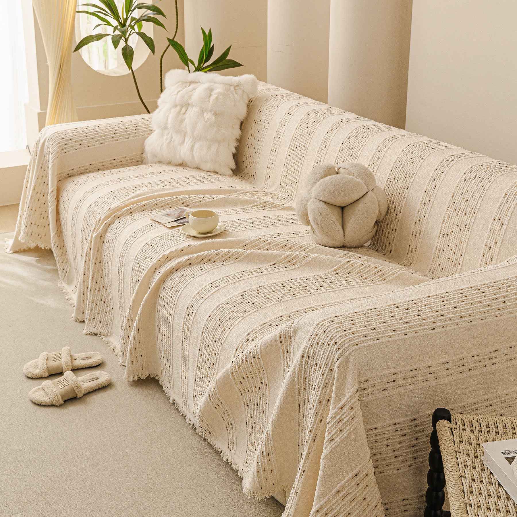 Textured Striped Sofa Throw Cover, Soft Woven Couch Protector with Fringe Edges