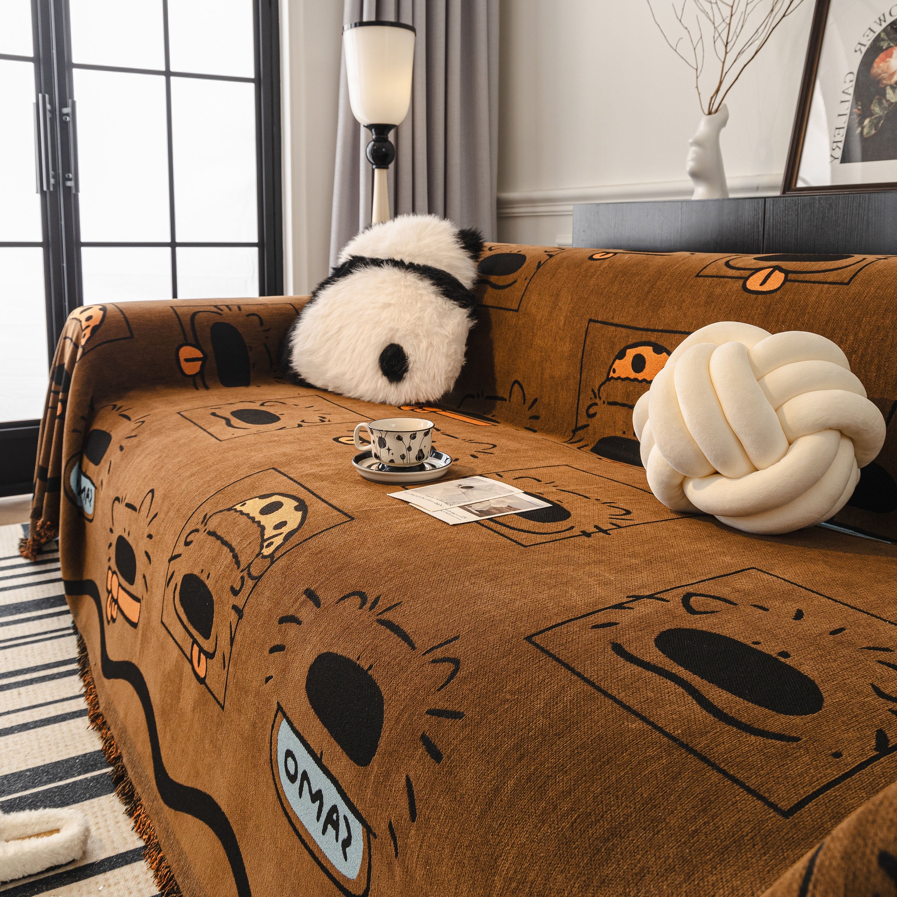 Cute Chenille Couch Cover Throw, Cartoon Soft Washable Sofa Cover for Sectional Sofas