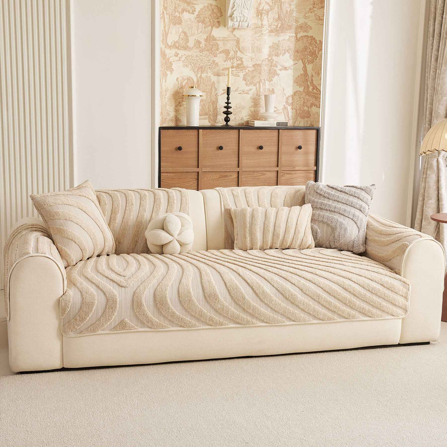 Cozy Plush Sofa Topper with Raised Wave Texture, Non-Slip Furniture Protector Cover