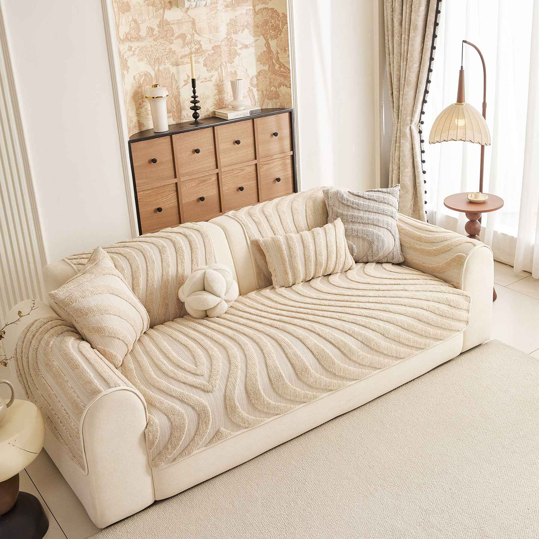 Cozy Plush Sofa Topper with Raised Wave Texture, Non-Slip Furniture Protector Cover