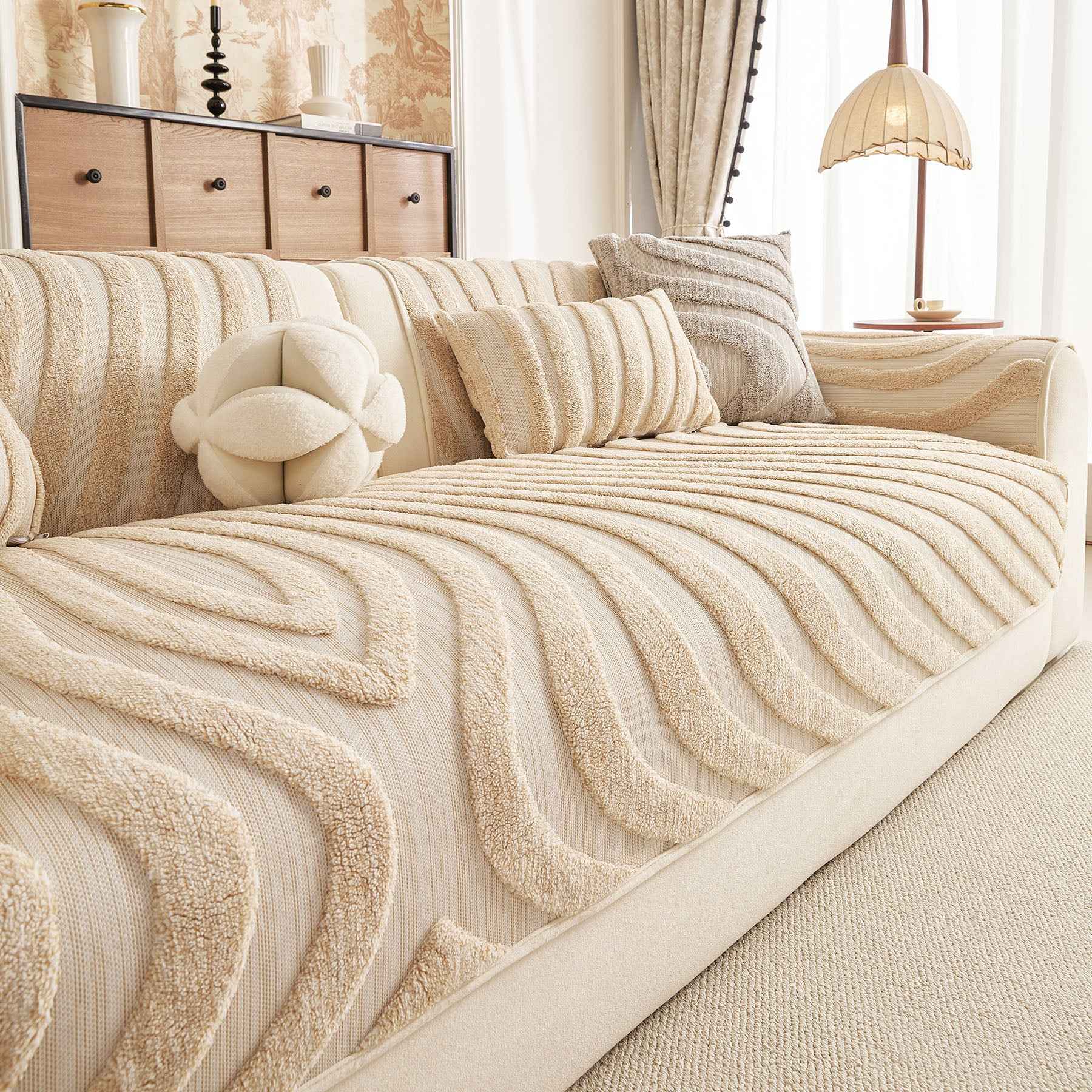 Cozy Plush Sofa Topper with Raised Wave Texture, Non-Slip Furniture Protector Cover