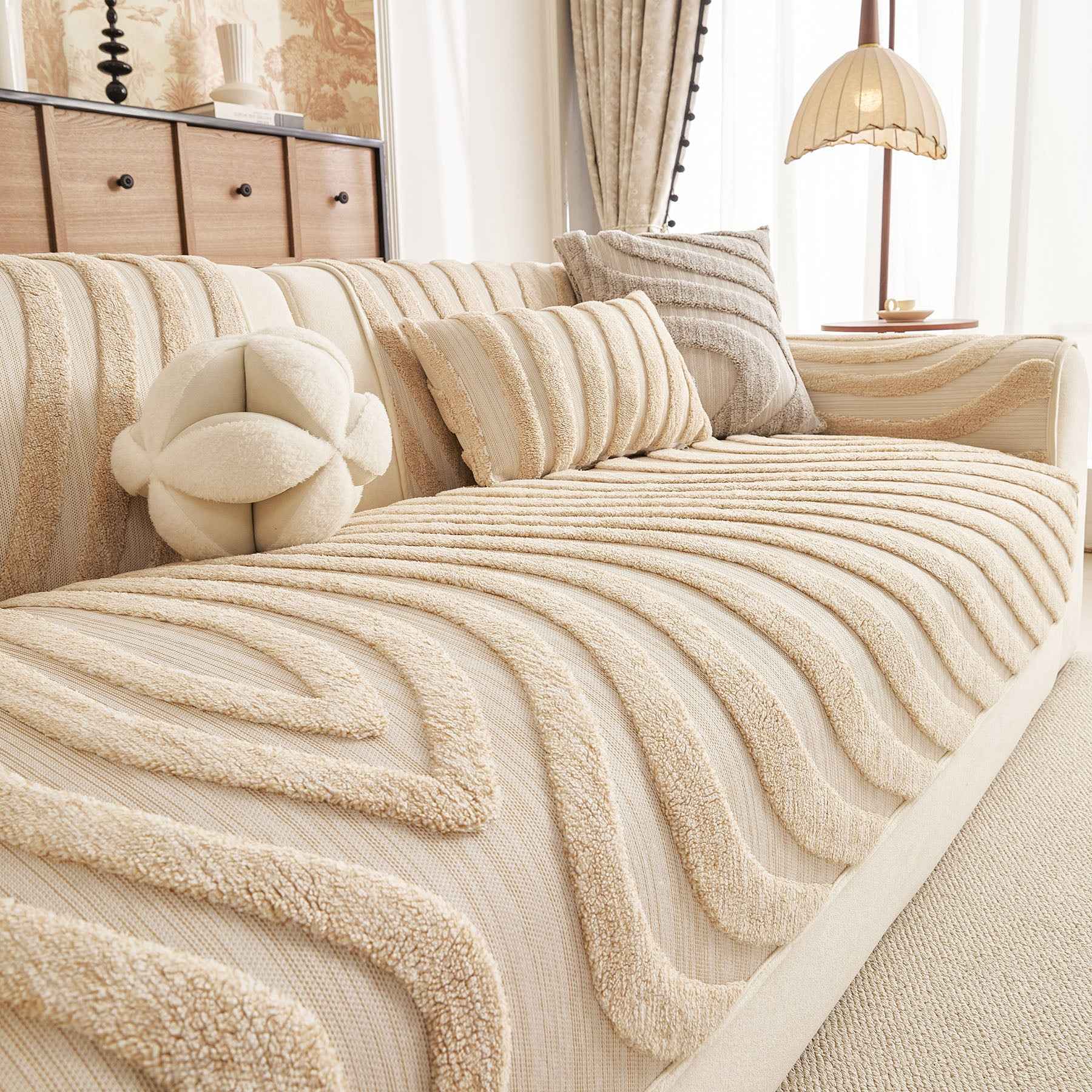 Cozy Plush Sofa Topper with Raised Wave Texture, Non-Slip Furniture Protector Cover