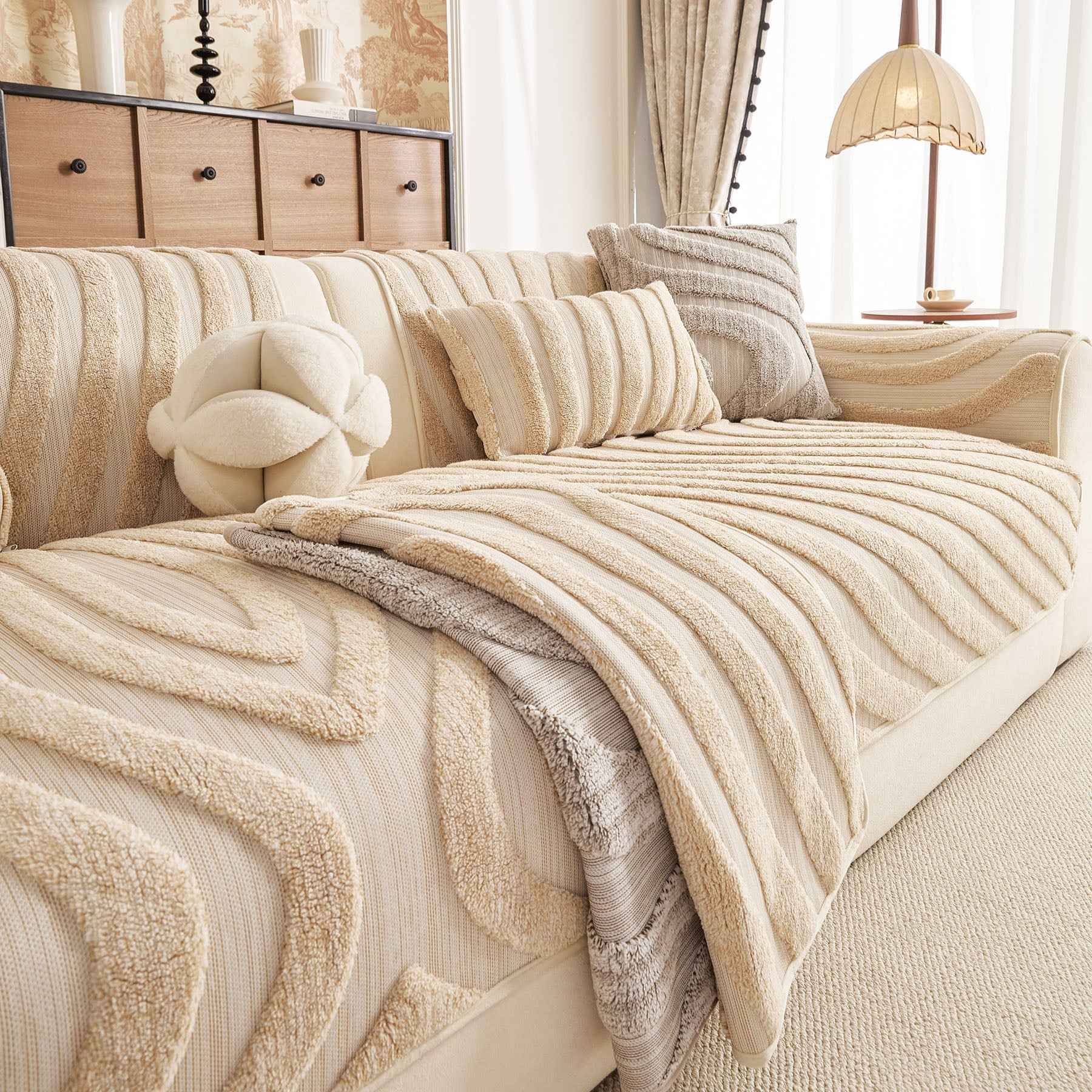 Cozy Plush Sofa Topper with Raised Wave Texture, Non-Slip Furniture Protector Cover