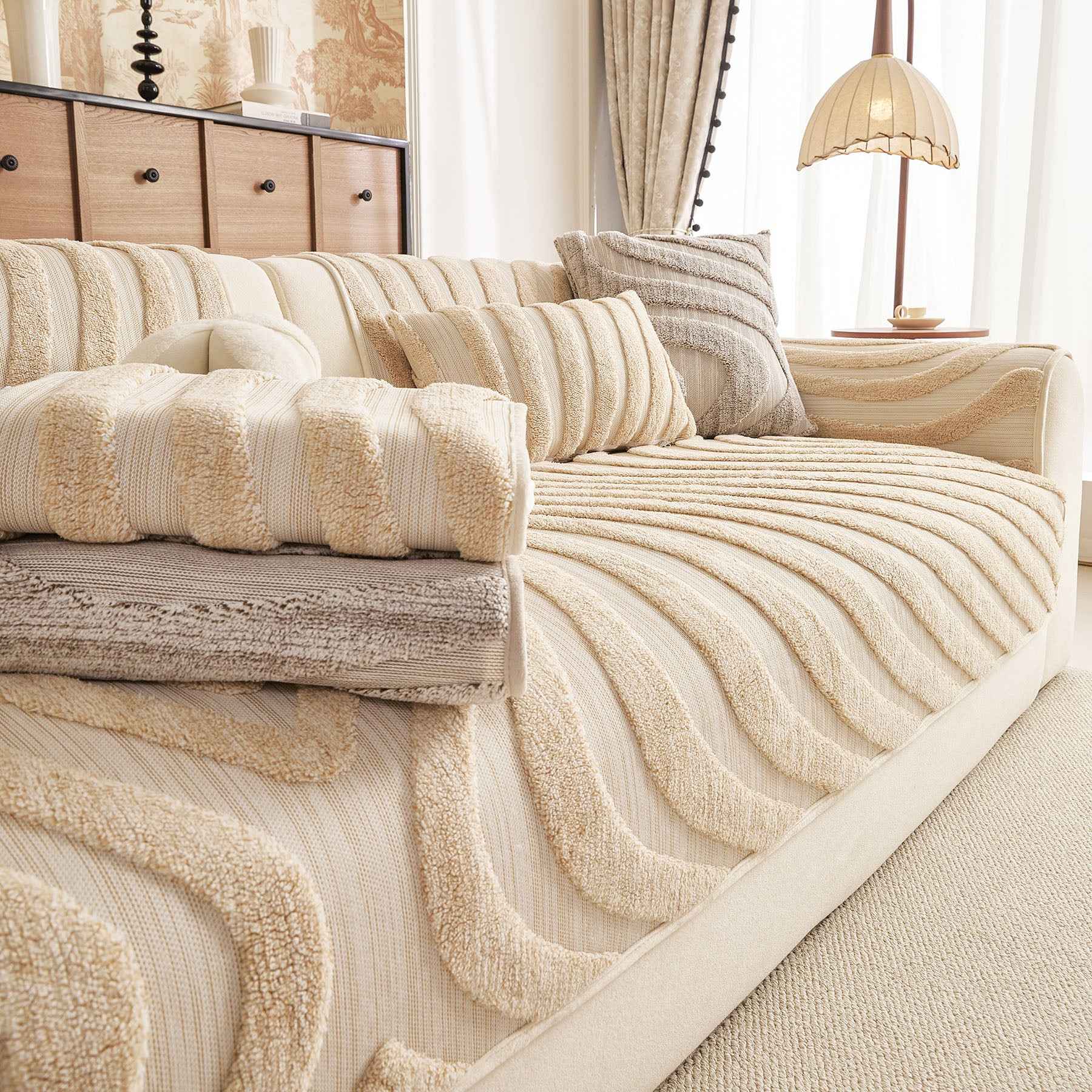 Cozy Plush Sofa Topper with Raised Wave Texture, Non-Slip Furniture Protector Cover