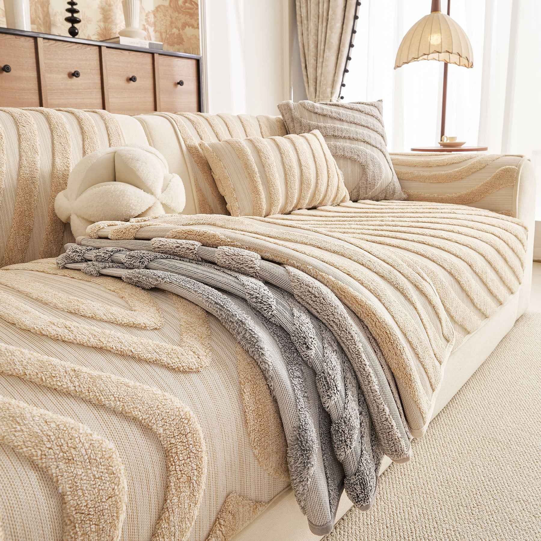 Cozy Plush Sofa Topper with Raised Wave Texture, Non-Slip Furniture Protector Cover