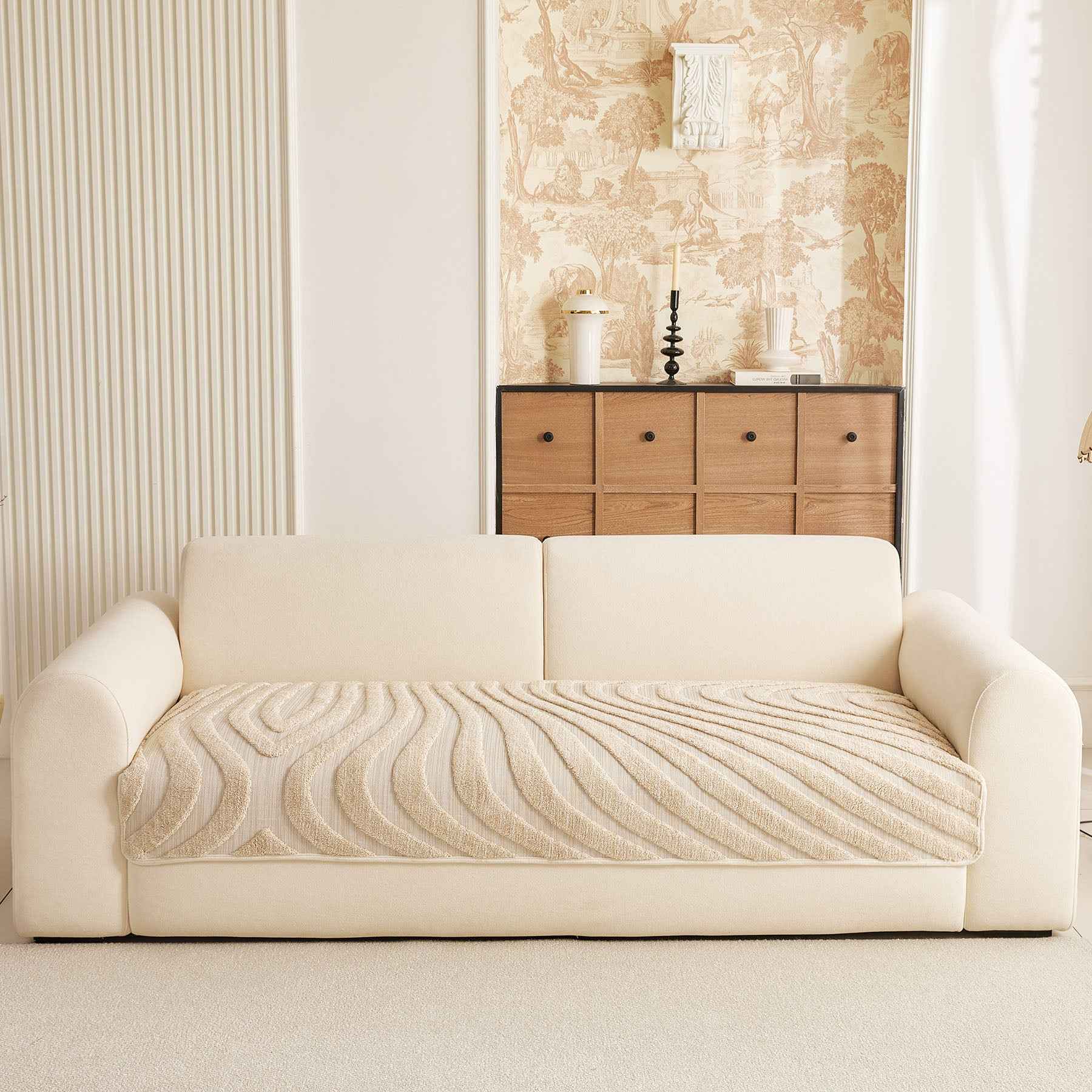 Cozy Plush Sofa Topper with Raised Wave Texture, Non-Slip Furniture Protector Cover
