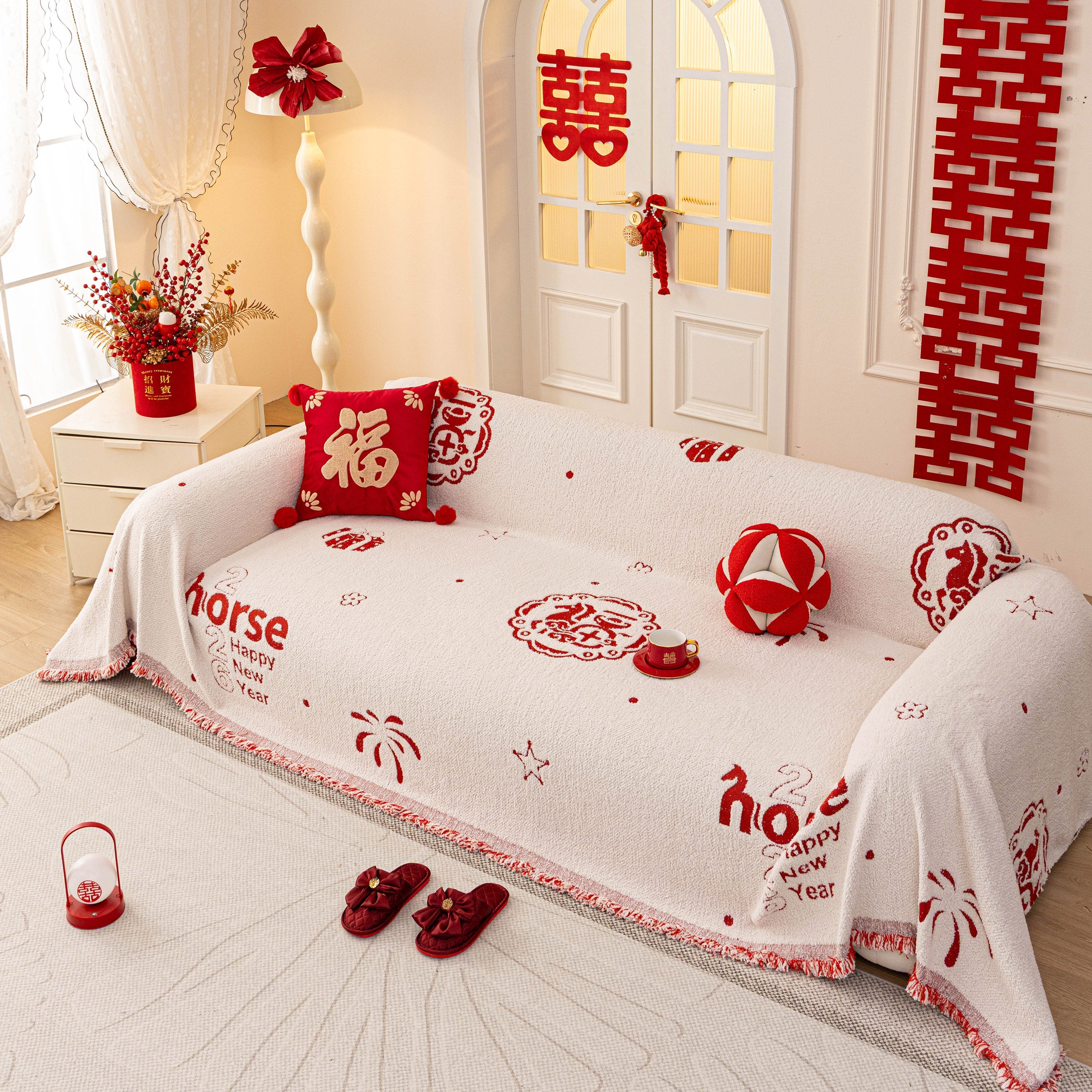 Chinese New Year Sofa Throw Cover Blanket, Decor Festive Red Fu Pattern Couch Cover