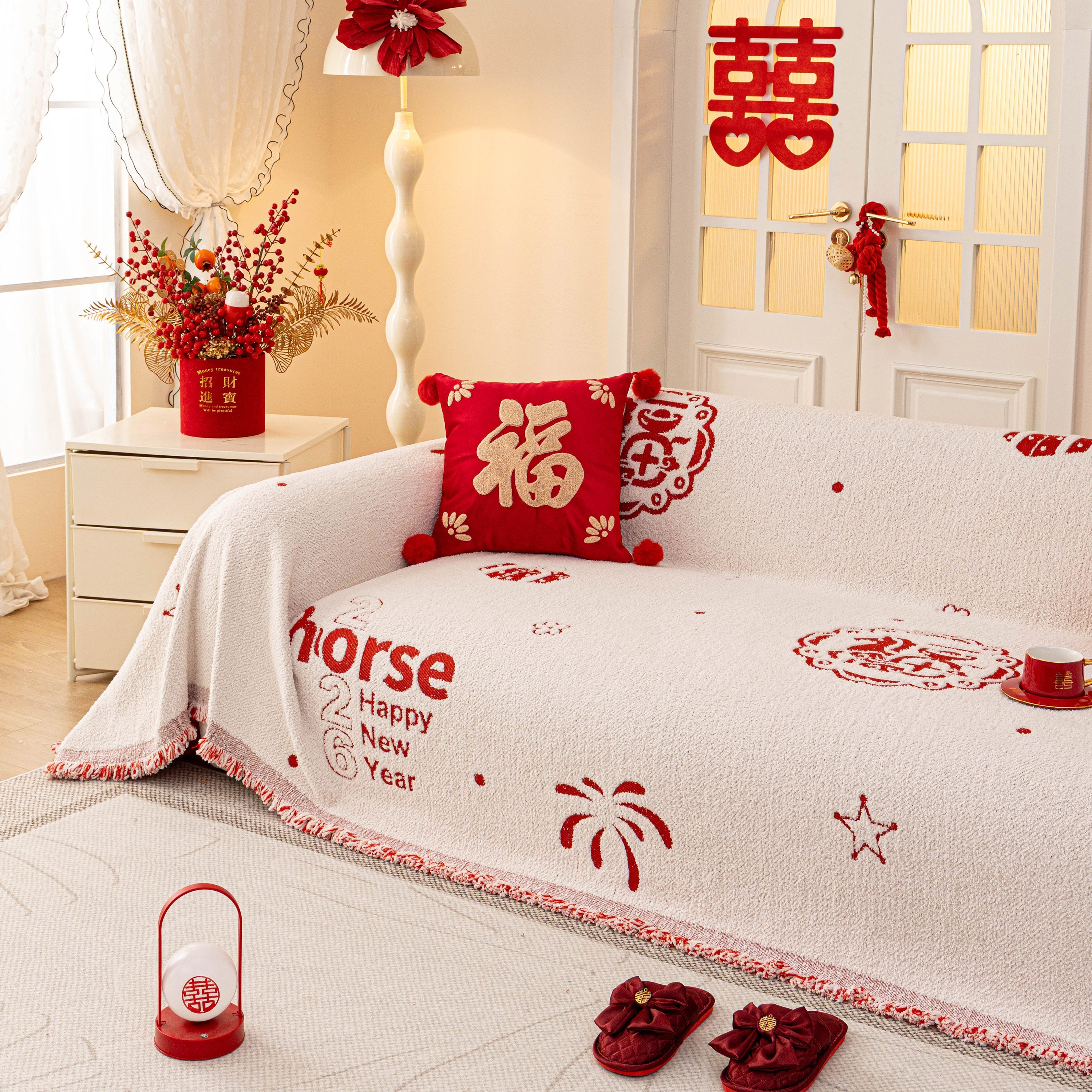 Chinese New Year Sofa Throw Cover Blanket, Decor Festive Red Fu Pattern Couch Cover