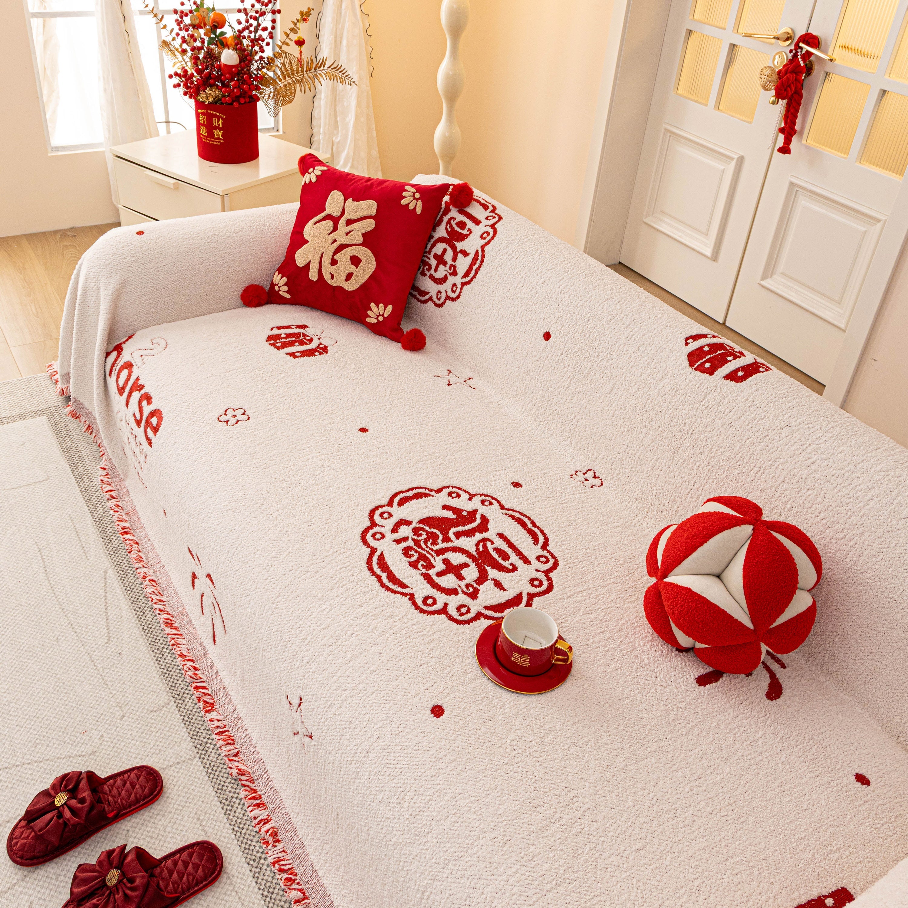Chinese New Year Sofa Throw Cover Blanket, Decor Festive Red Fu Pattern Couch Cover