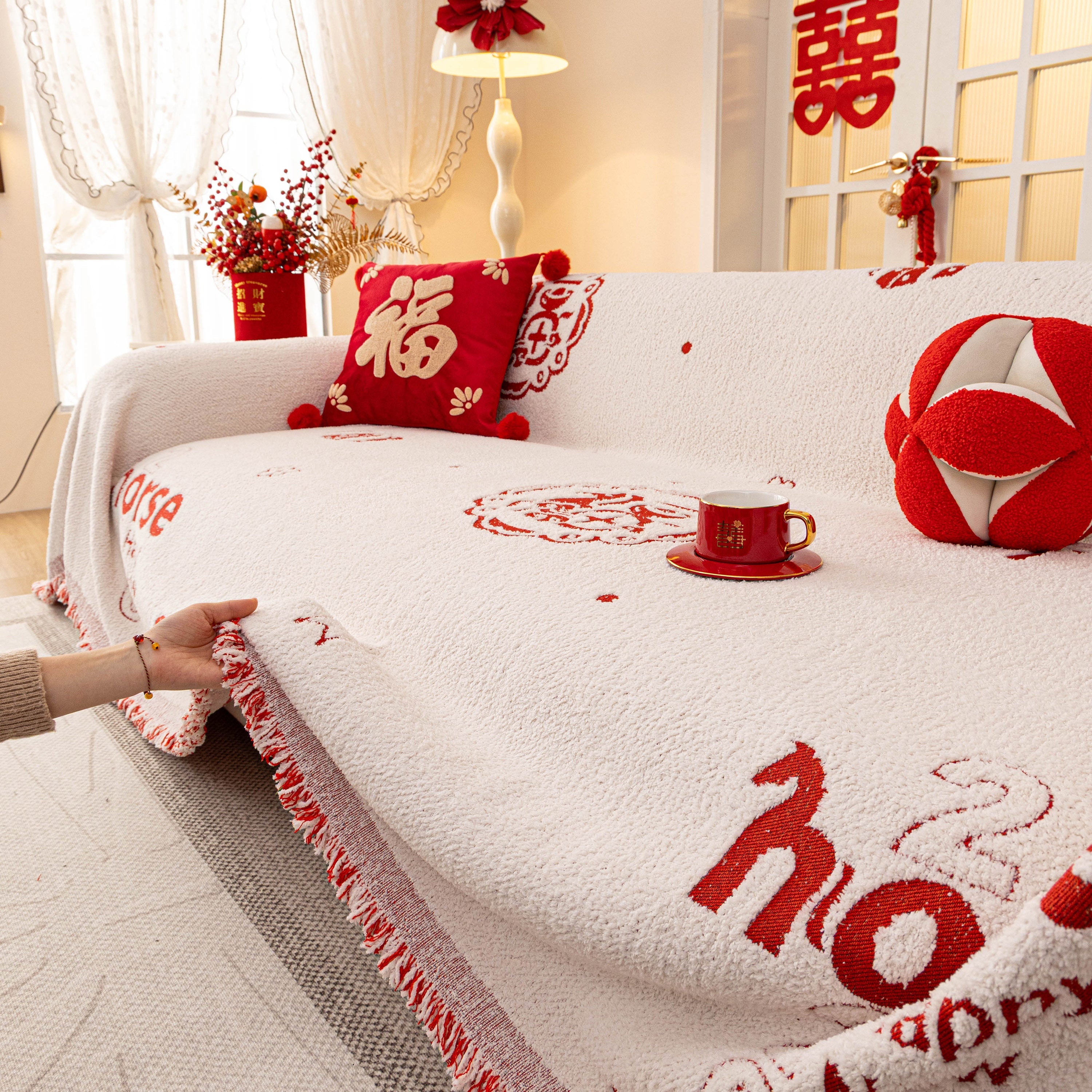 Chinese New Year Sofa Throw Cover Blanket, Decor Festive Red Fu Pattern Couch Cover