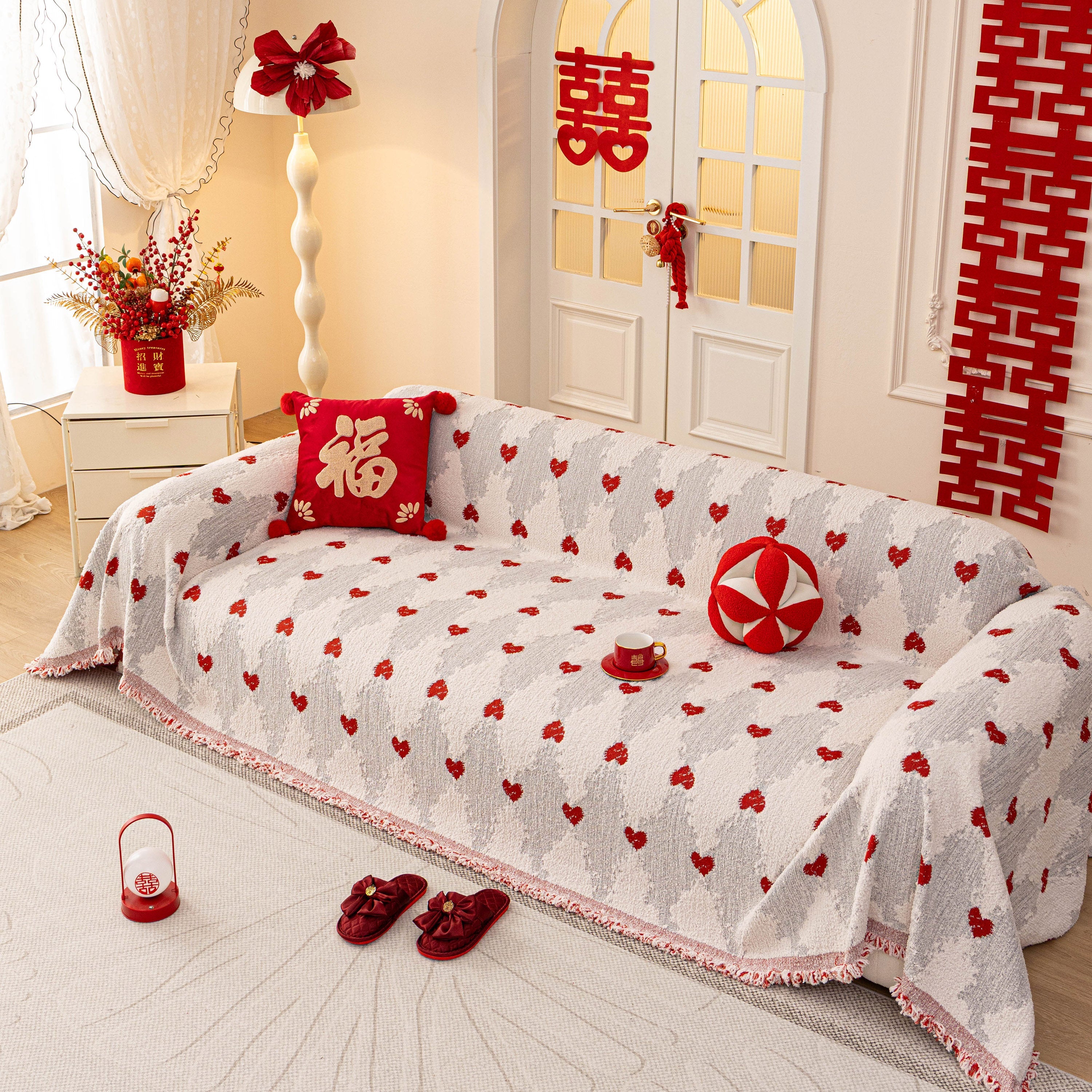 Chinese New Year Sofa Throw Cover Blanket, Decor Festive Red Fu Pattern Couch Cover