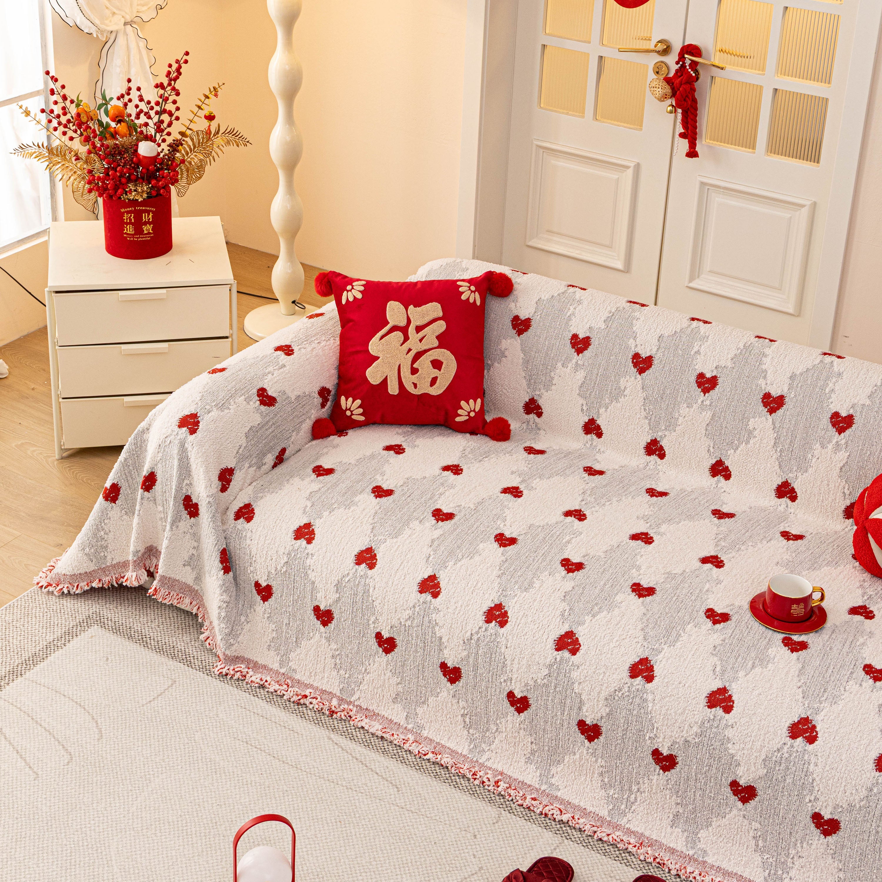Chinese New Year Sofa Throw Cover Blanket, Decor Festive Red Fu Pattern Couch Cover