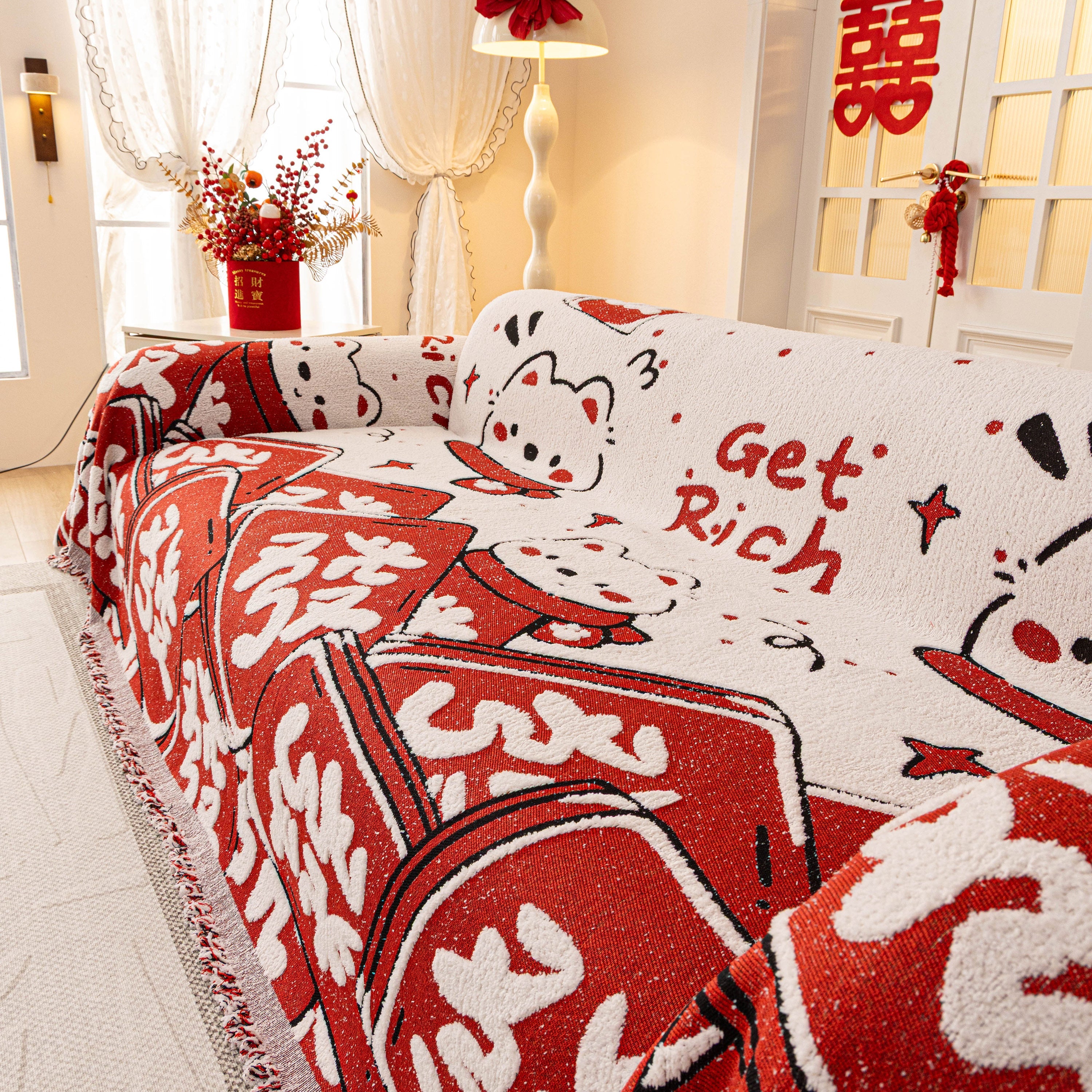 Chinese New Year Sofa Throw Cover Blanket, Decor Festive Red Fu Pattern Couch Cover
