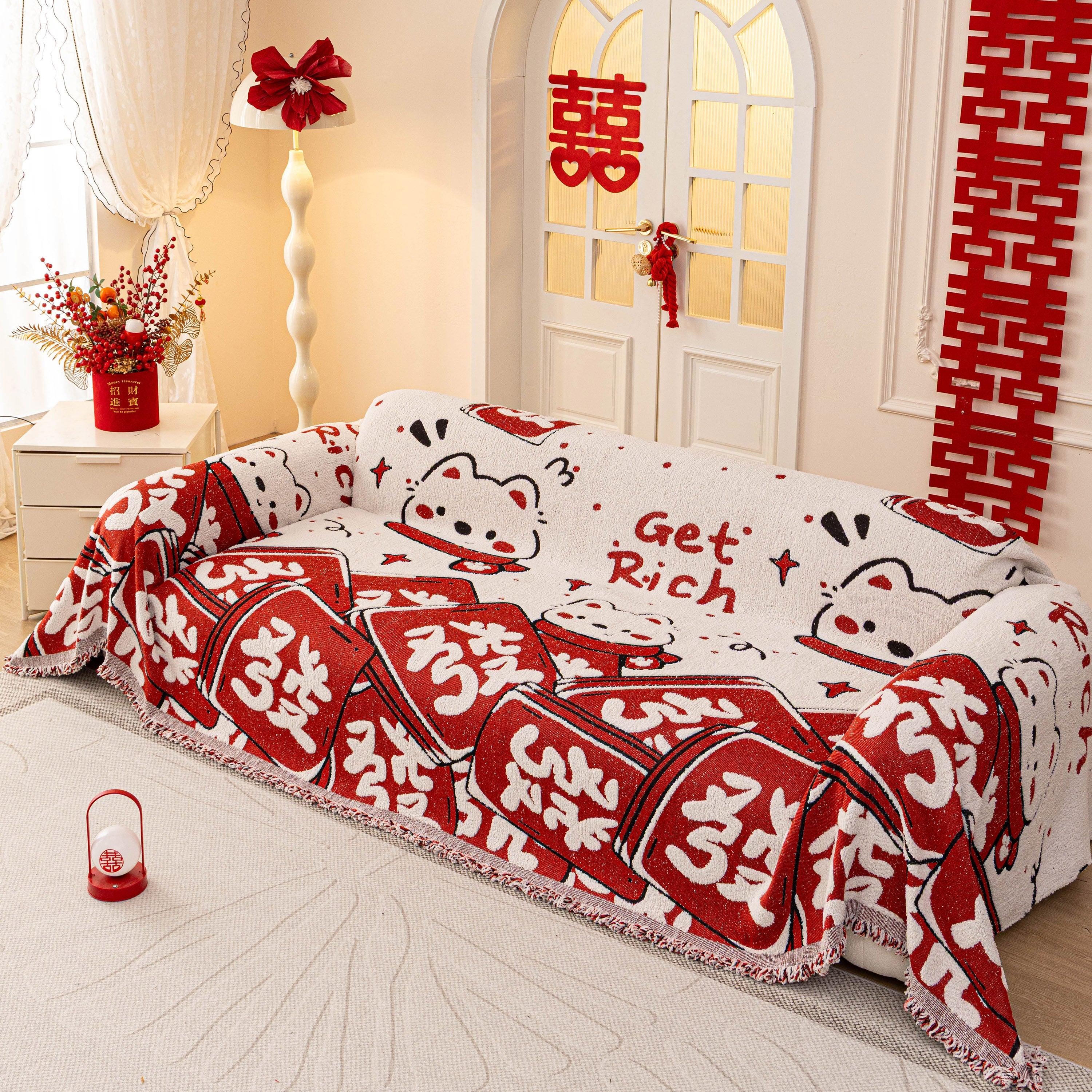 Chinese New Year Sofa Throw Cover Blanket, Decor Festive Red Fu Pattern Couch Cover