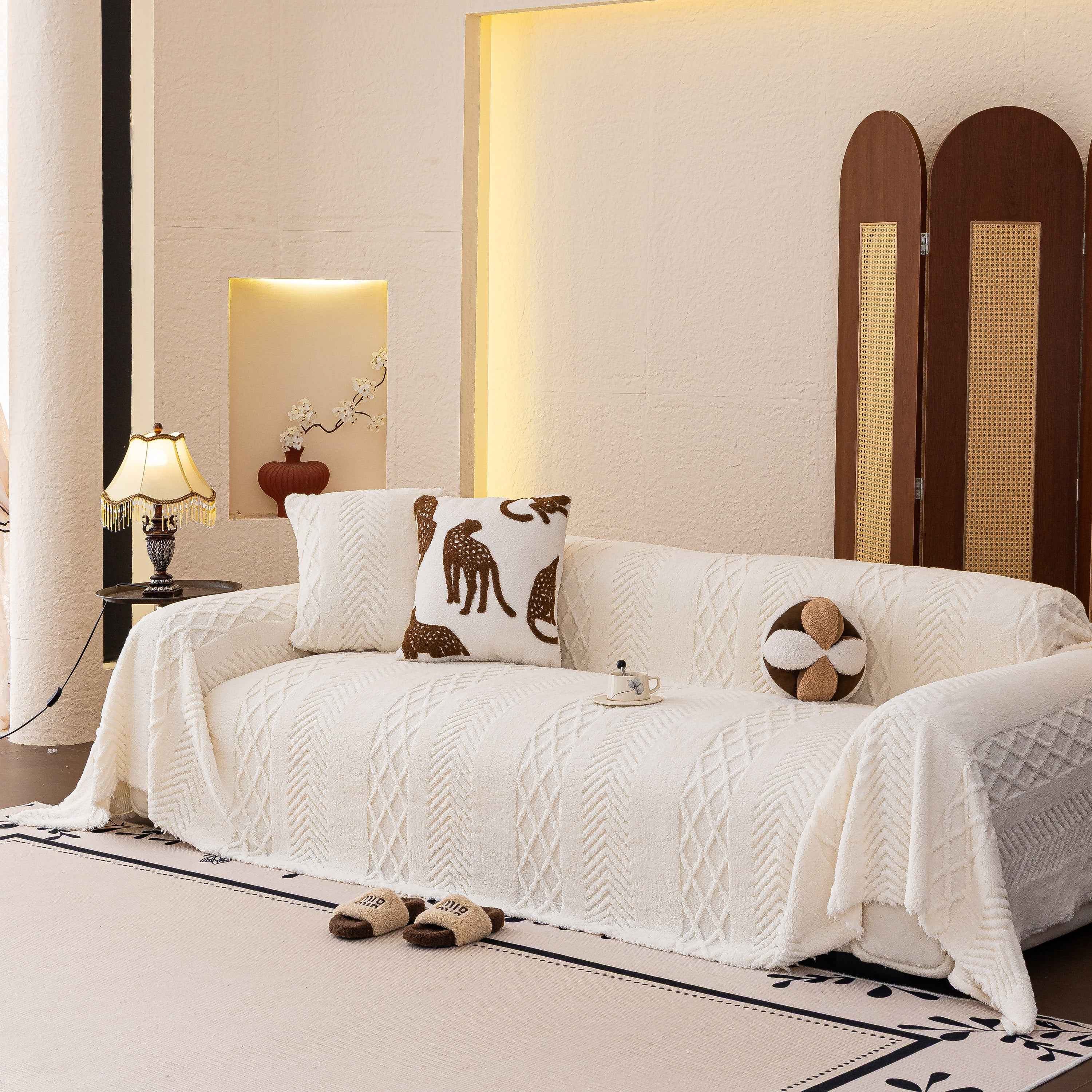 Plush Sherpa Fleece Sofa Cover with 3D Cable Knit Texture, Soft Cozy Throw Blanket