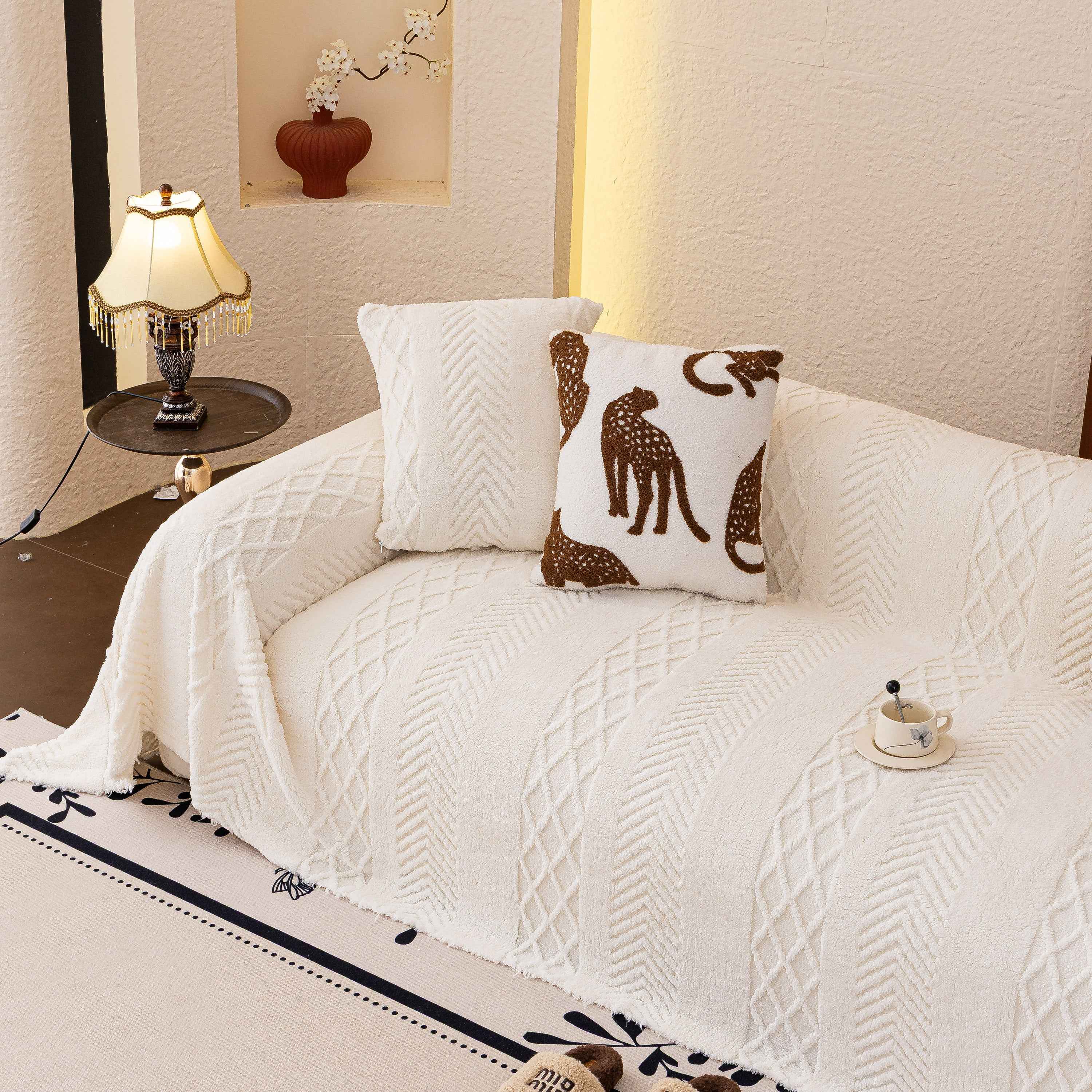 Plush Sherpa Fleece Sofa Cover with 3D Cable Knit Texture, Soft Cozy Throw Blanket
