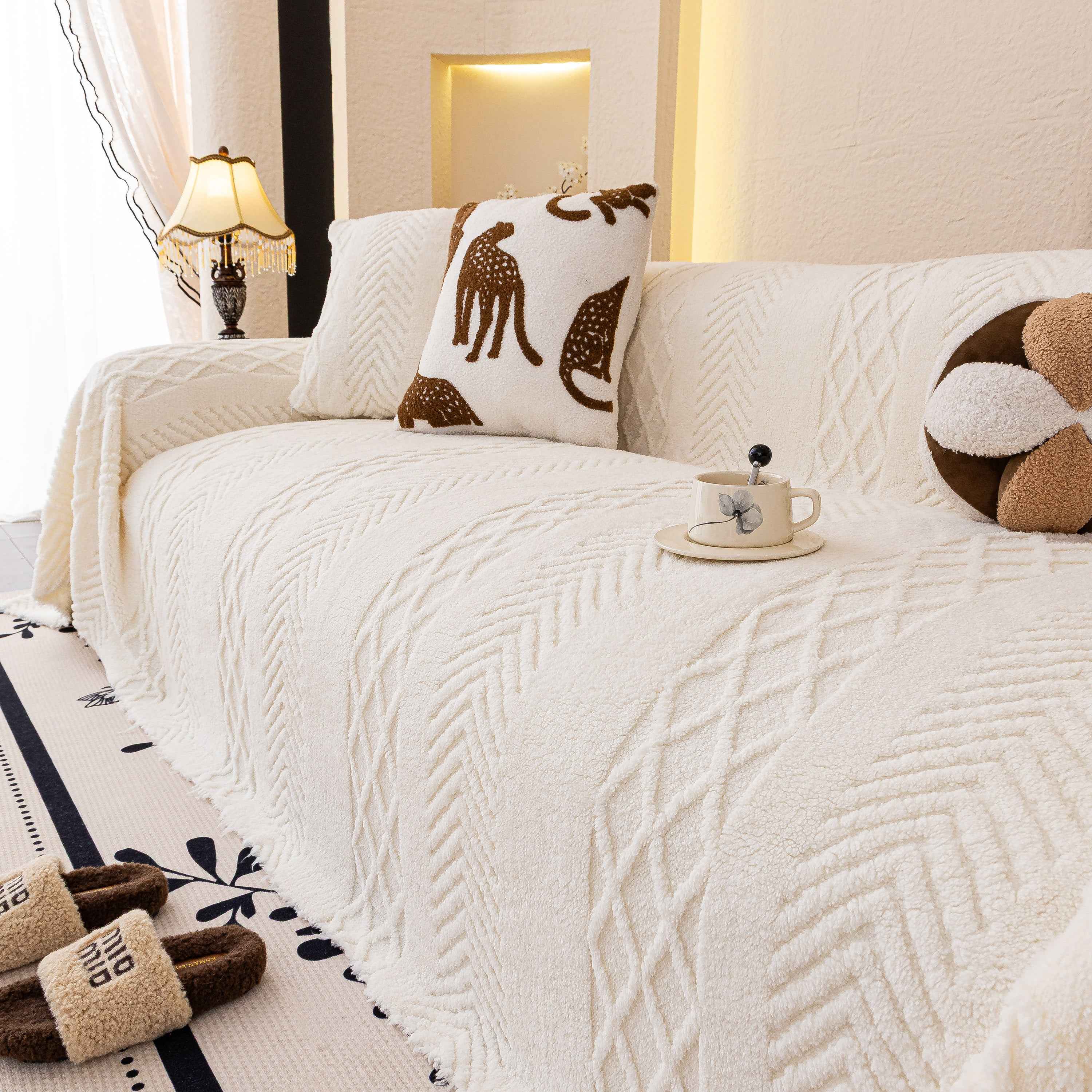 Plush Sherpa Fleece Sofa Cover with 3D Cable Knit Texture, Soft Cozy Throw Blanket