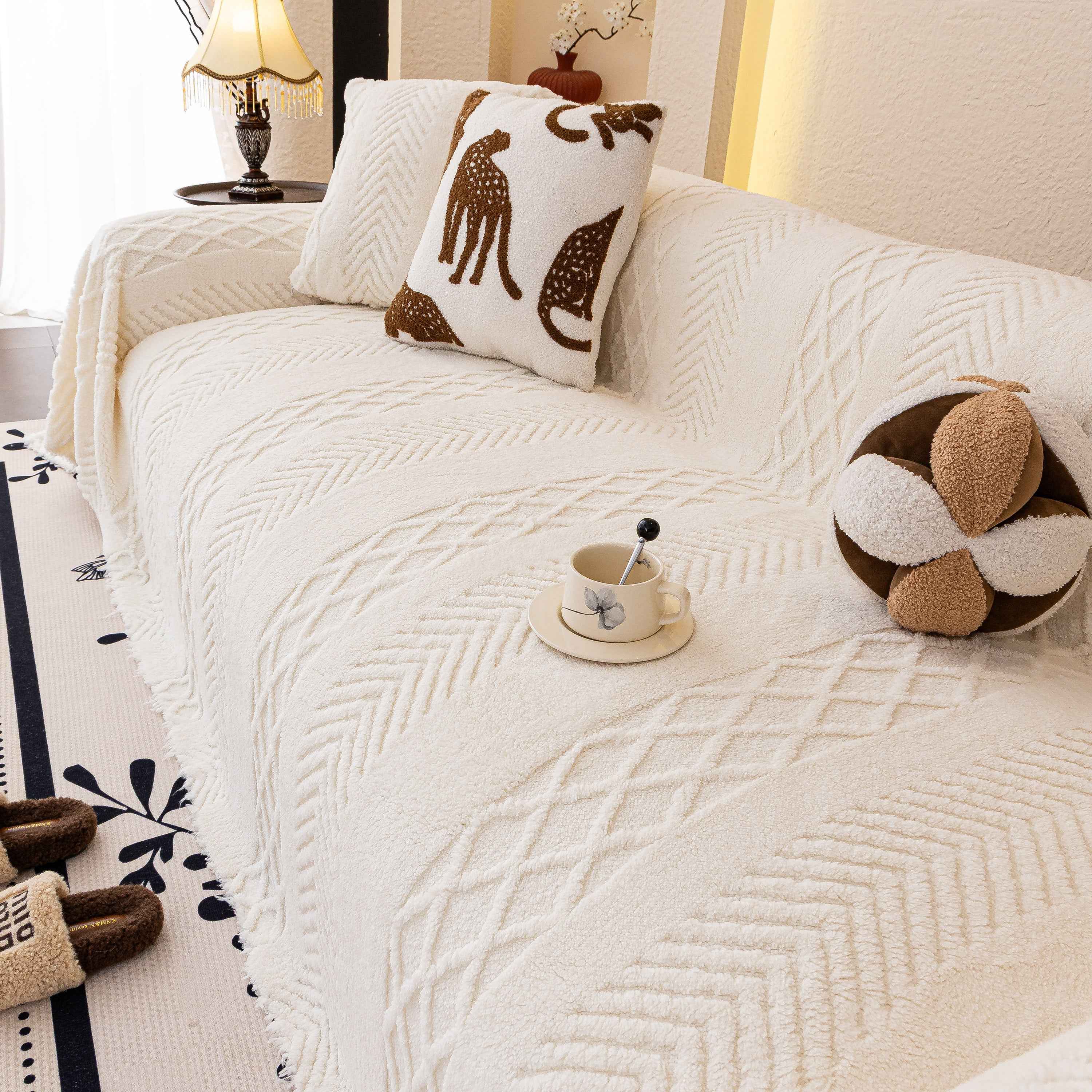Plush Sherpa Fleece Sofa Cover with 3D Cable Knit Texture, Soft Cozy Throw Blanket