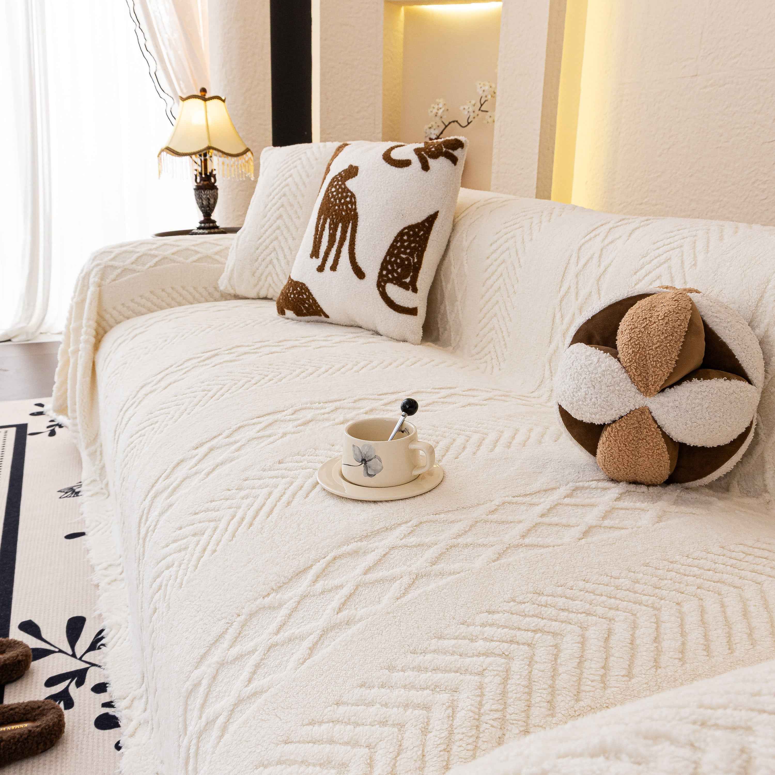 Plush Sherpa Fleece Sofa Cover with 3D Cable Knit Texture, Soft Cozy Throw Blanket