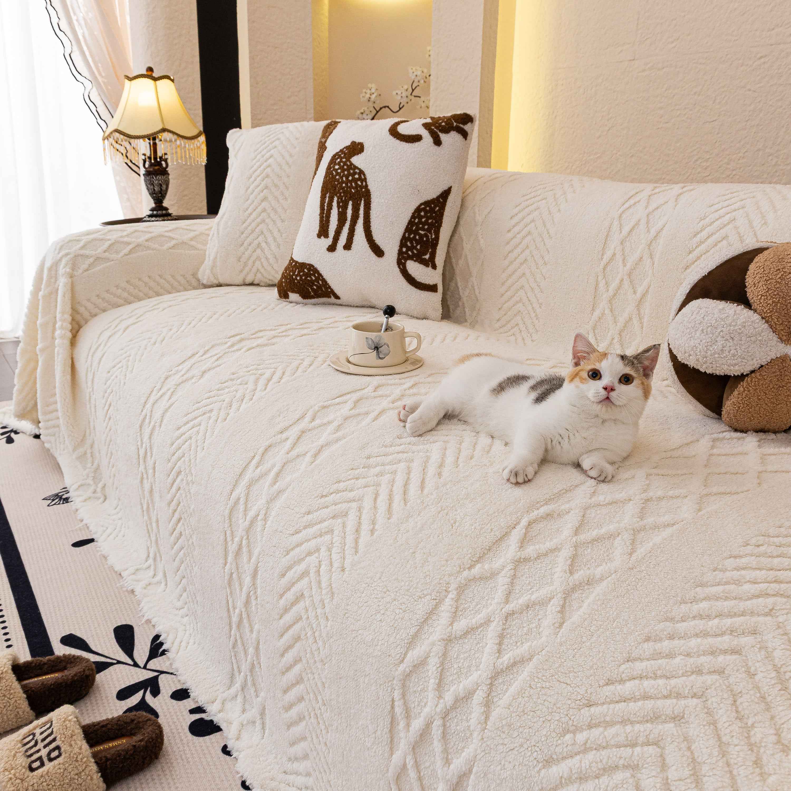 Plush Sherpa Fleece Sofa Cover with 3D Cable Knit Texture, Soft Cozy Throw Blanket