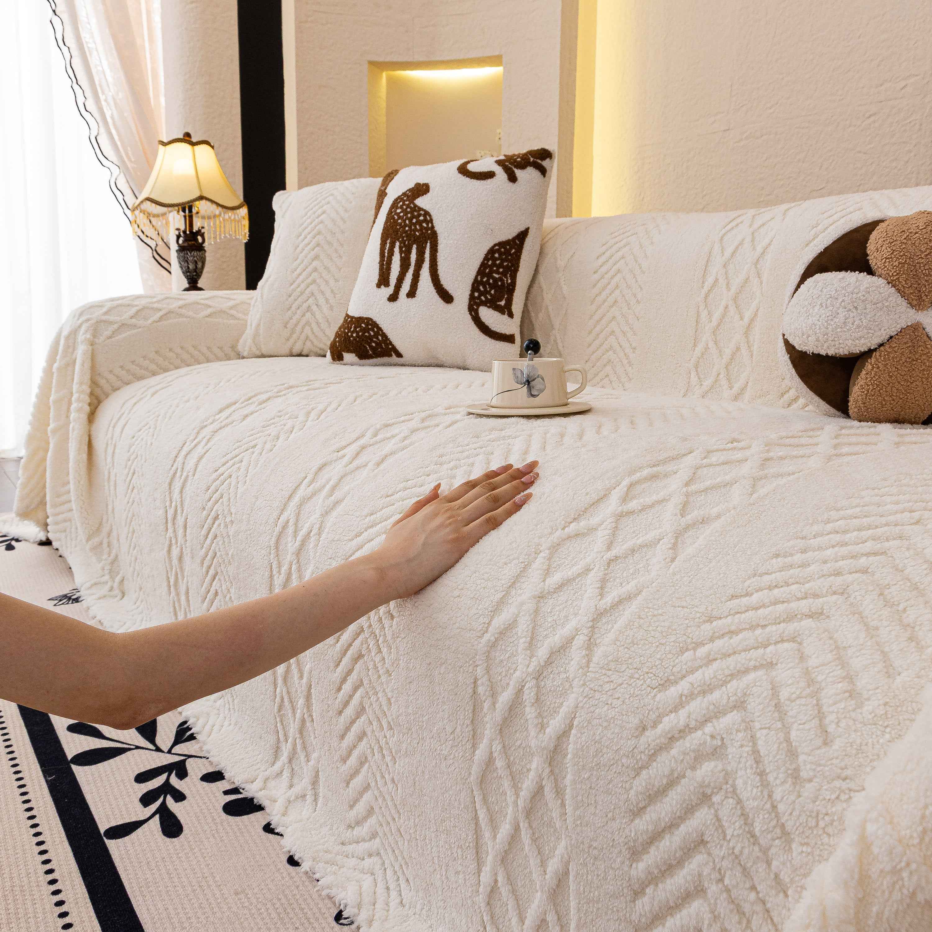 Plush Sherpa Fleece Sofa Cover with 3D Cable Knit Texture, Soft Cozy Throw Blanket