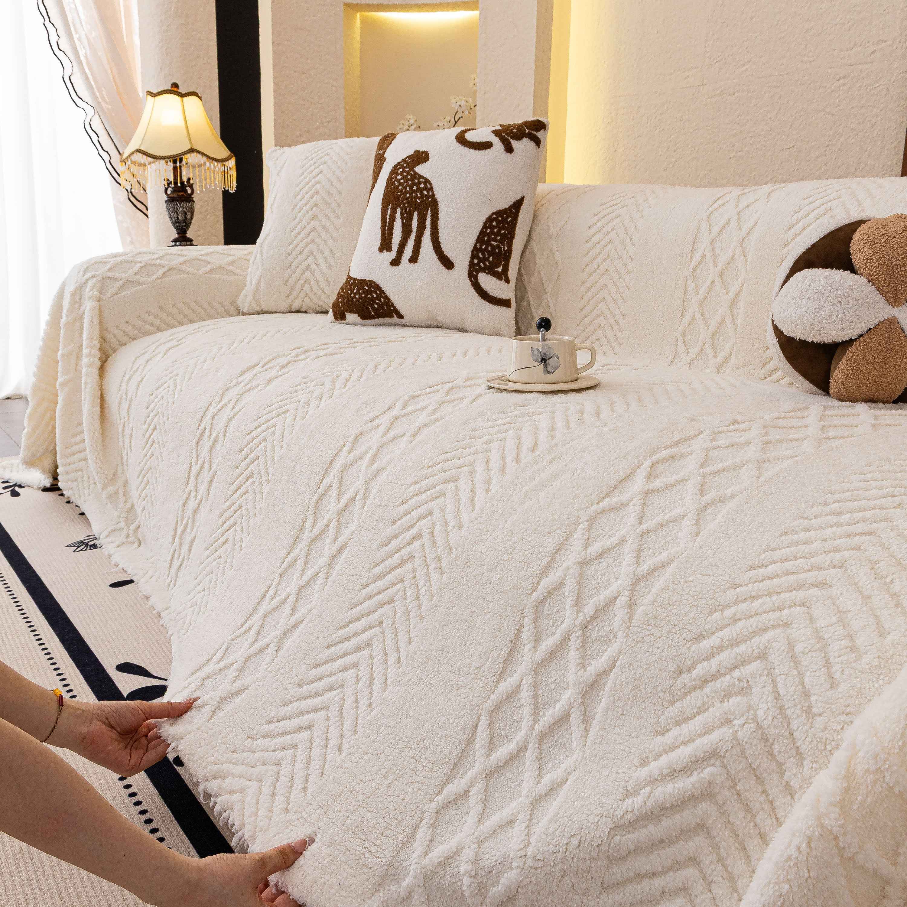 Plush Sherpa Fleece Sofa Cover with 3D Cable Knit Texture, Soft Cozy Throw Blanket