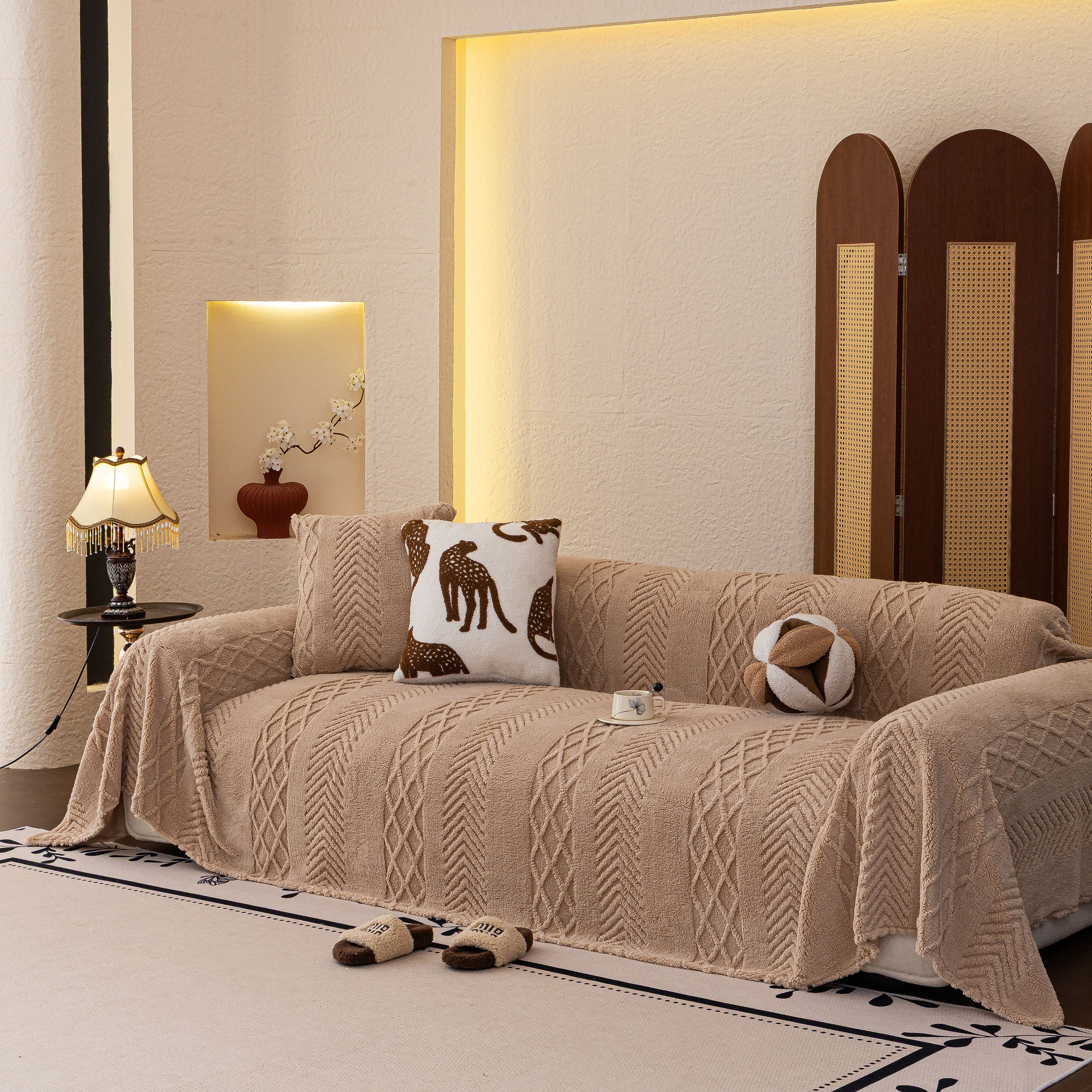 Plush Sherpa Fleece Sofa Cover with 3D Cable Knit Texture, Soft Cozy Throw Blanket