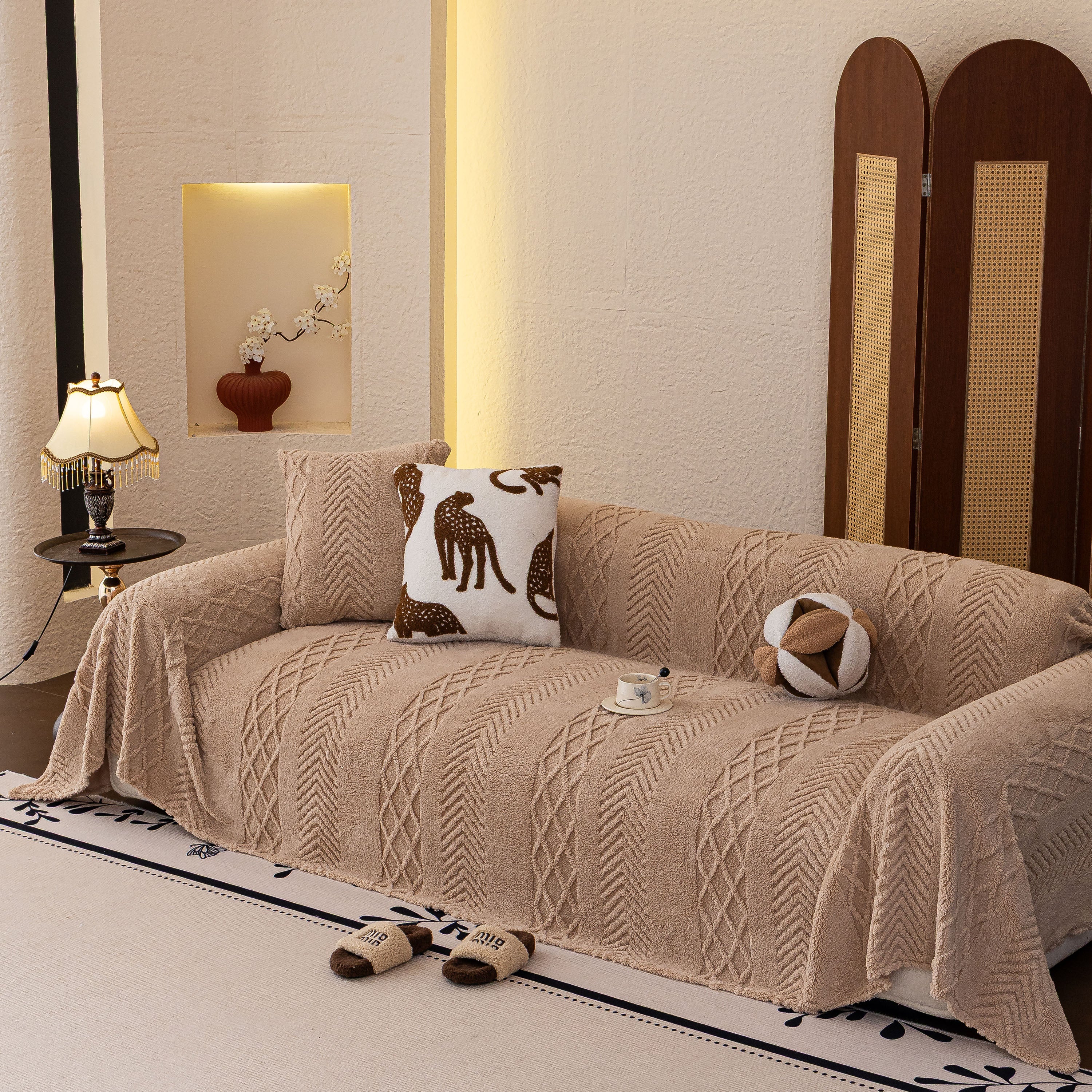 Plush Sherpa Fleece Sofa Cover with 3D Cable Knit Texture, Soft Cozy Throw Blanket