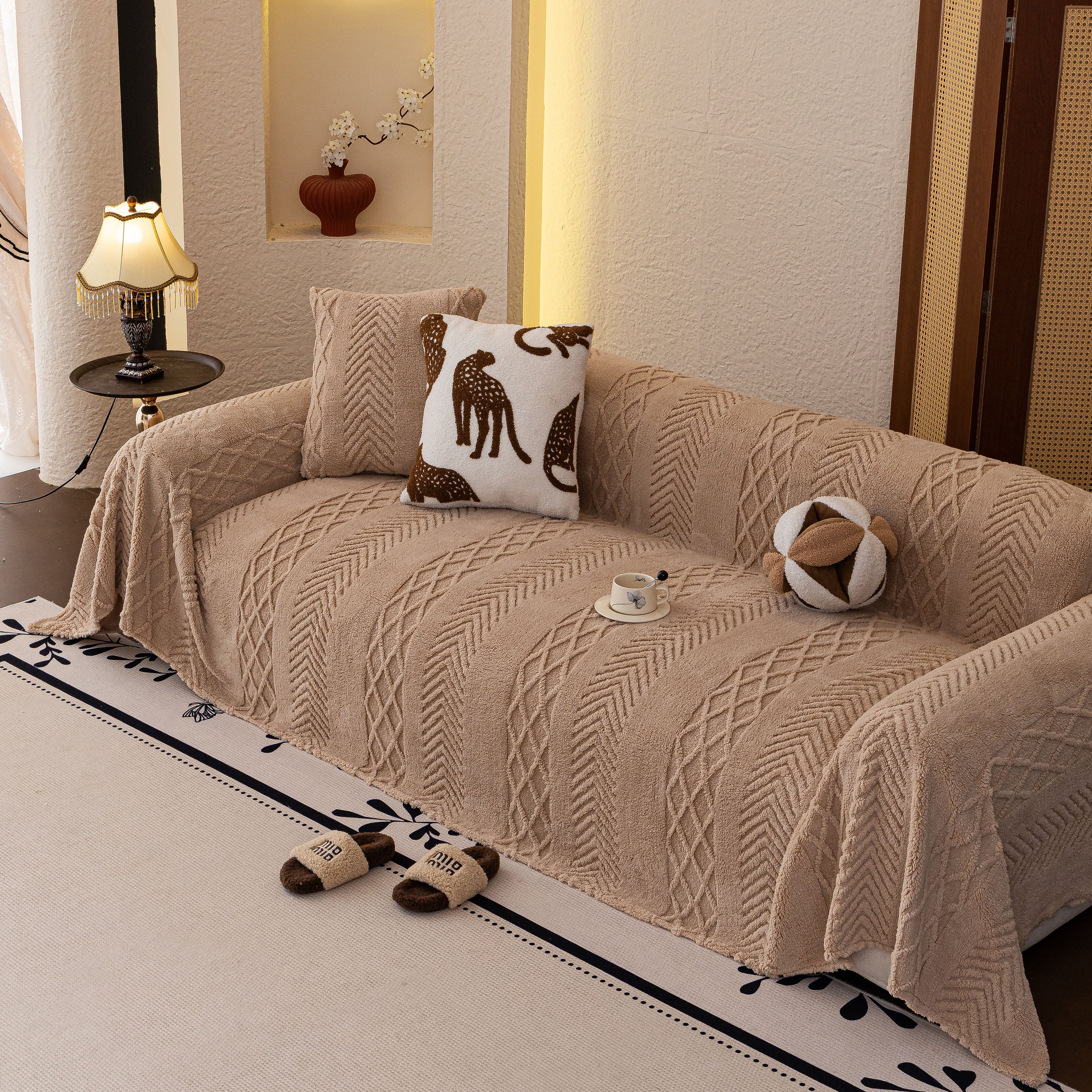 Plush Sherpa Fleece Sofa Cover with 3D Cable Knit Texture, Soft Cozy Throw Blanket