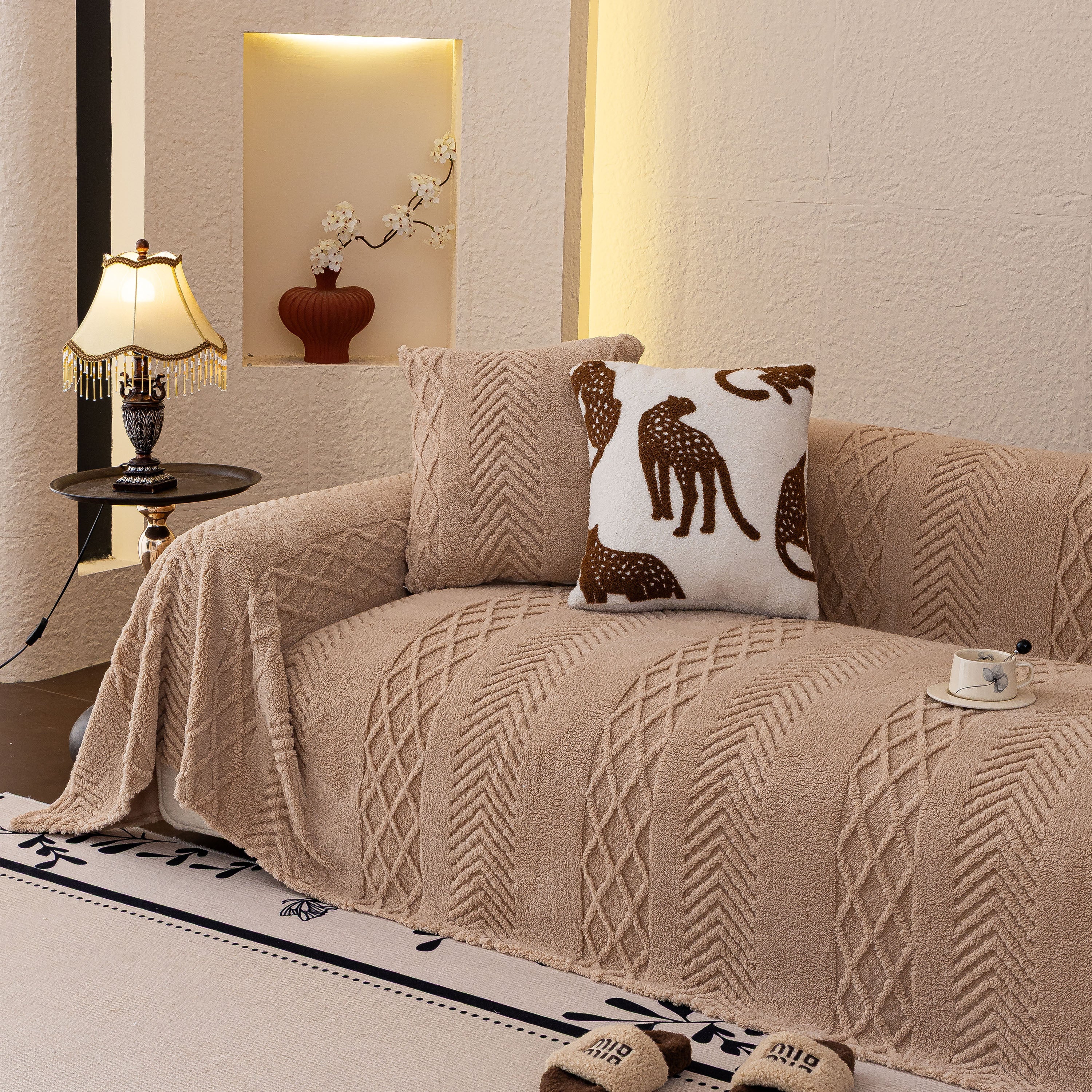 Plush Sherpa Fleece Sofa Cover with 3D Cable Knit Texture, Soft Cozy Throw Blanket