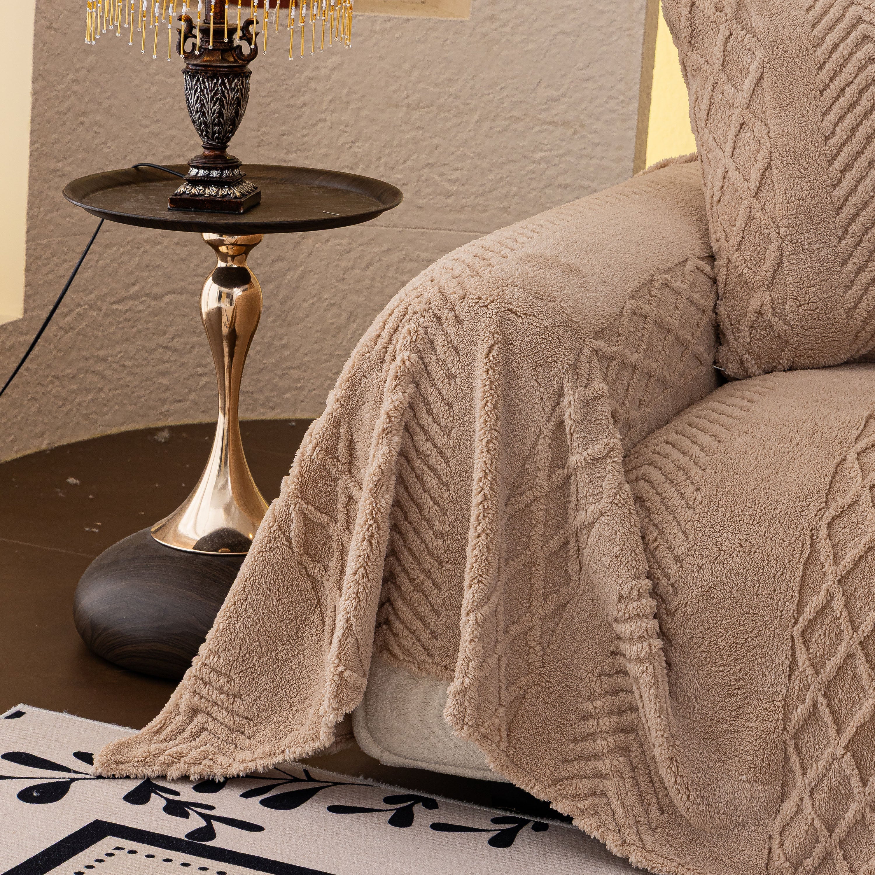 Plush Sherpa Fleece Sofa Cover with 3D Cable Knit Texture, Soft Cozy Throw Blanket