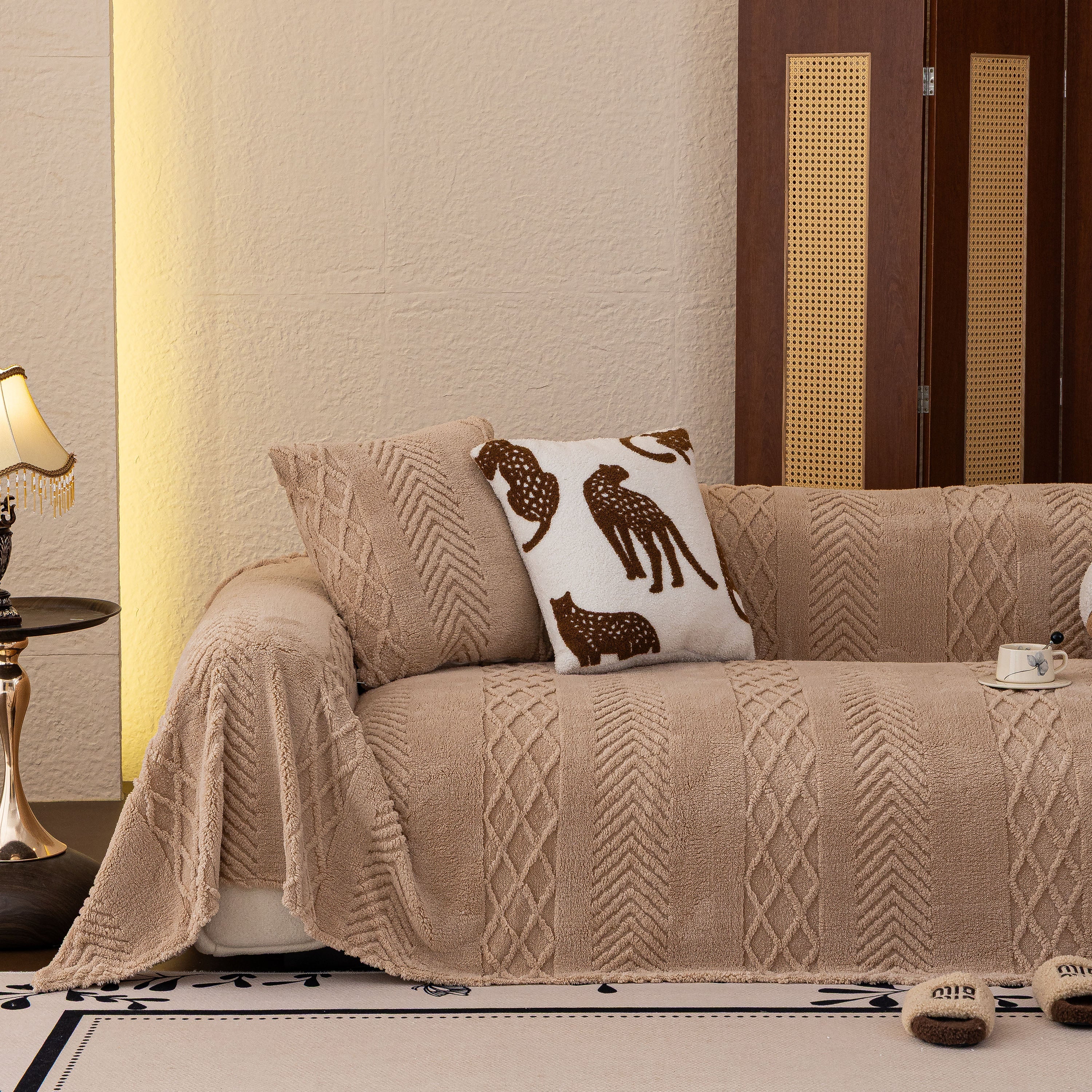 Plush Sherpa Fleece Sofa Cover with 3D Cable Knit Texture, Soft Cozy Throw Blanket