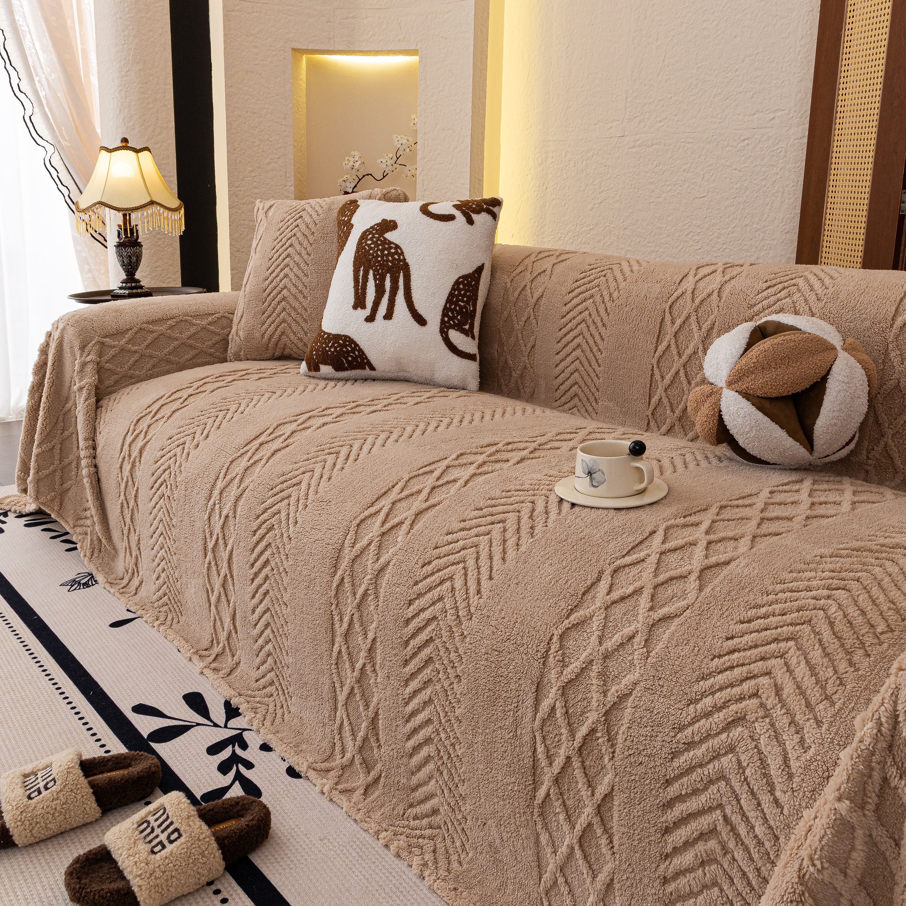 Plush Sherpa Fleece Sofa Cover with 3D Cable Knit Texture, Soft Cozy Throw Blanket