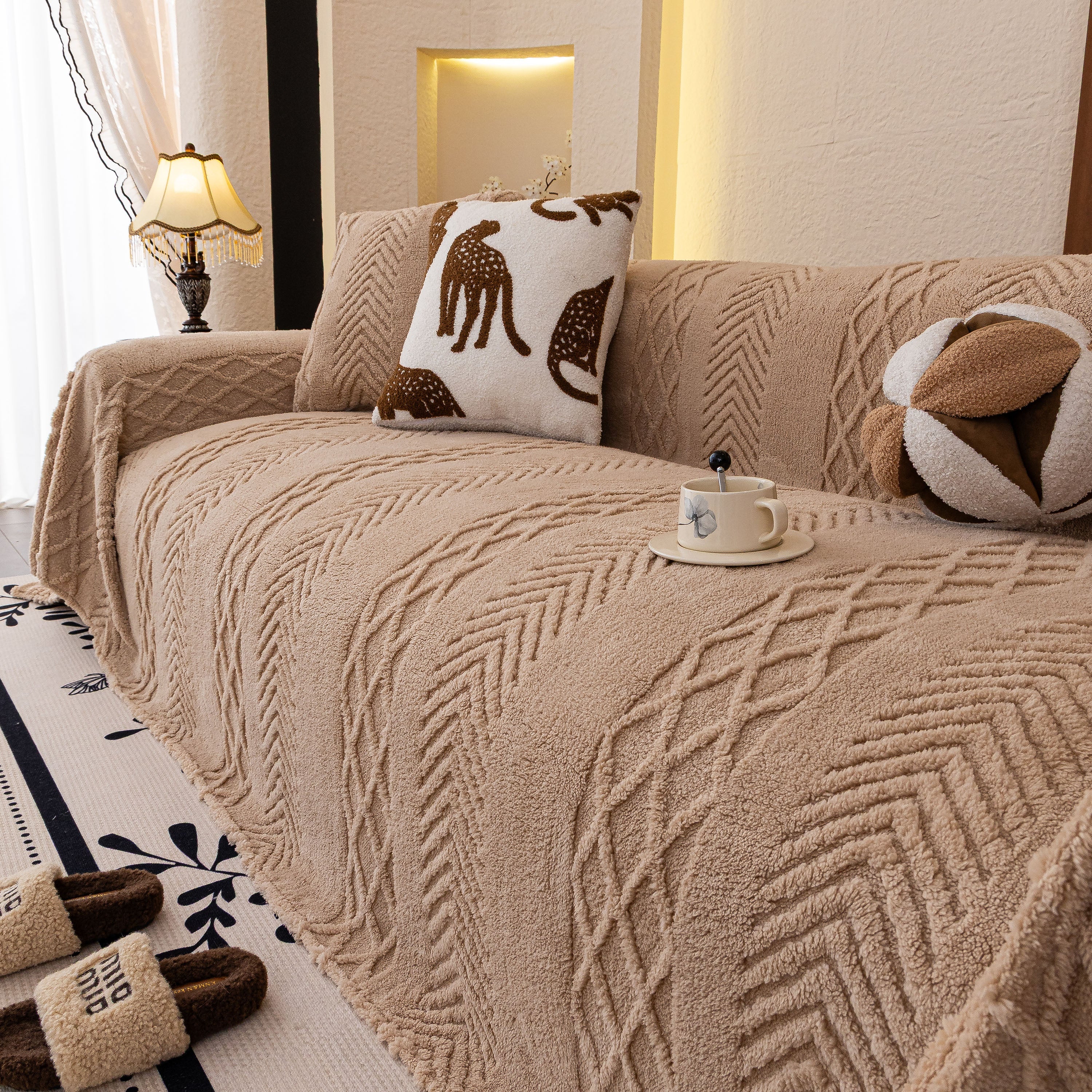 Plush Sherpa Fleece Sofa Cover with 3D Cable Knit Texture, Soft Cozy Throw Blanket
